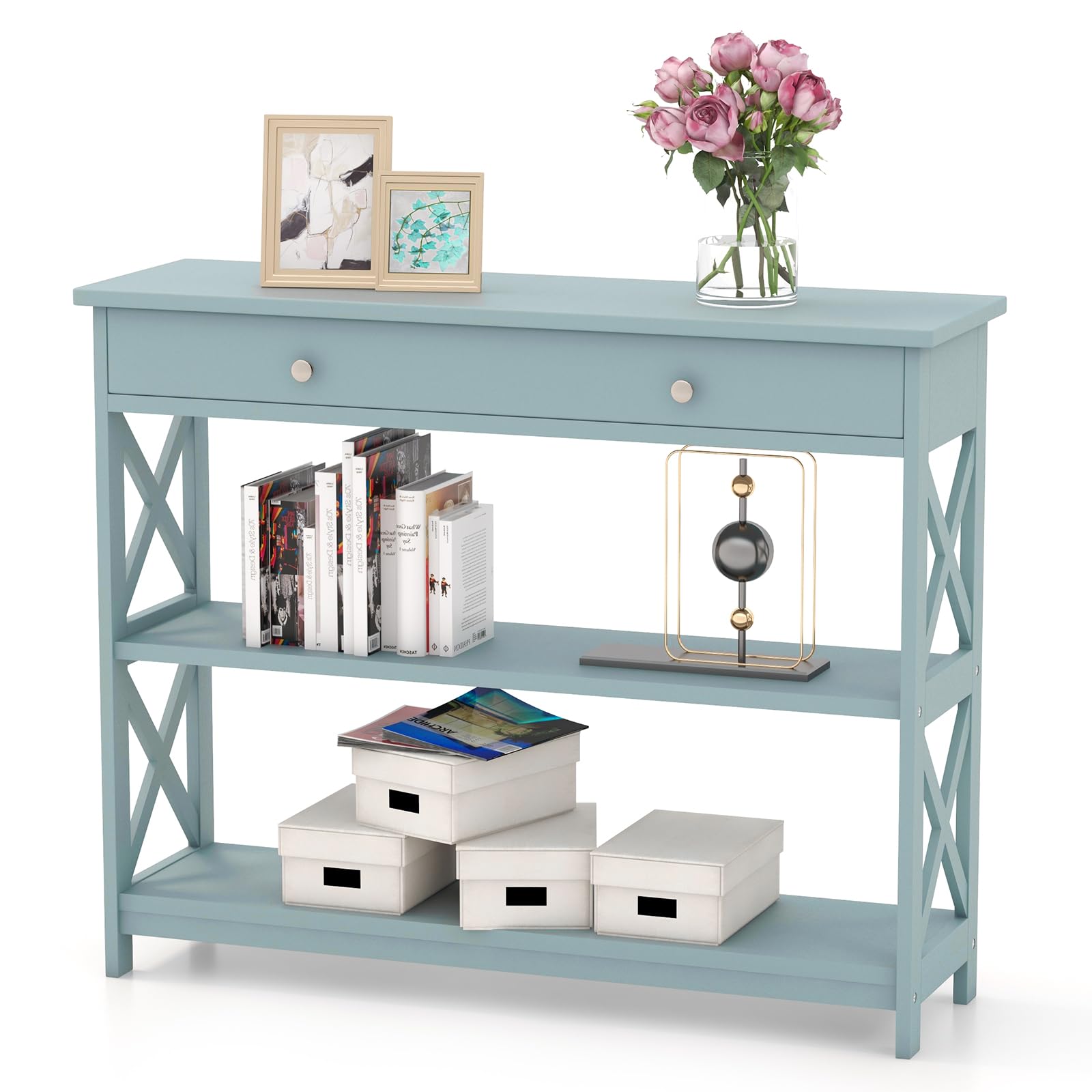 GOFLAME 3-Tier Sofa Table with Large Drawer & 2 Open Shelves - Modern Wooden Console Table for Entryway, Living Room & Hallway - Space Saving Narrow Design in Green - Perfect for Small Spaces, Apartment Decor & Home Organization