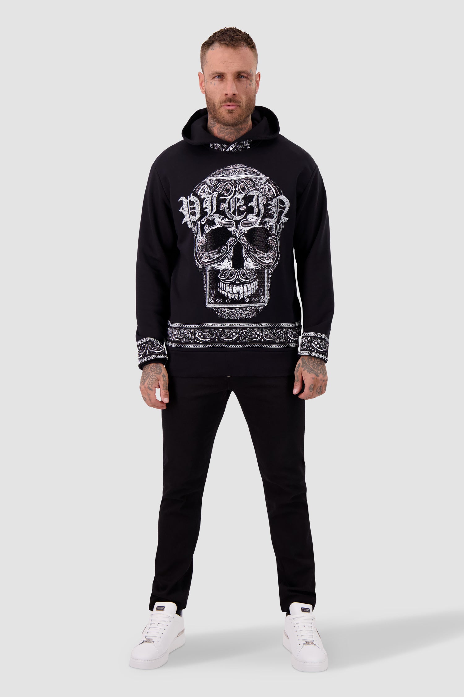 Philipp Plein Black Paisley Rhinestone Hoodie for Men - Stylish Streetwear Pullover with Crystal Embellishments | Perfect for Casual Outings, Parties & Fashion Events