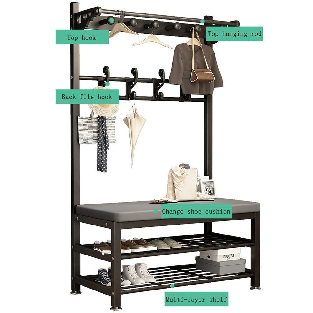 3-in-1 Entryway Coat Rack with Shoe Bench & Seat Cushion - Hall Tree Storage Organizer for Mudroom, Hallway & Foyer - Hooks & Hanging Rod - Easy Assembly (Gray, 100x33x172cm) - Perfect for Small Spaces & Home Organization