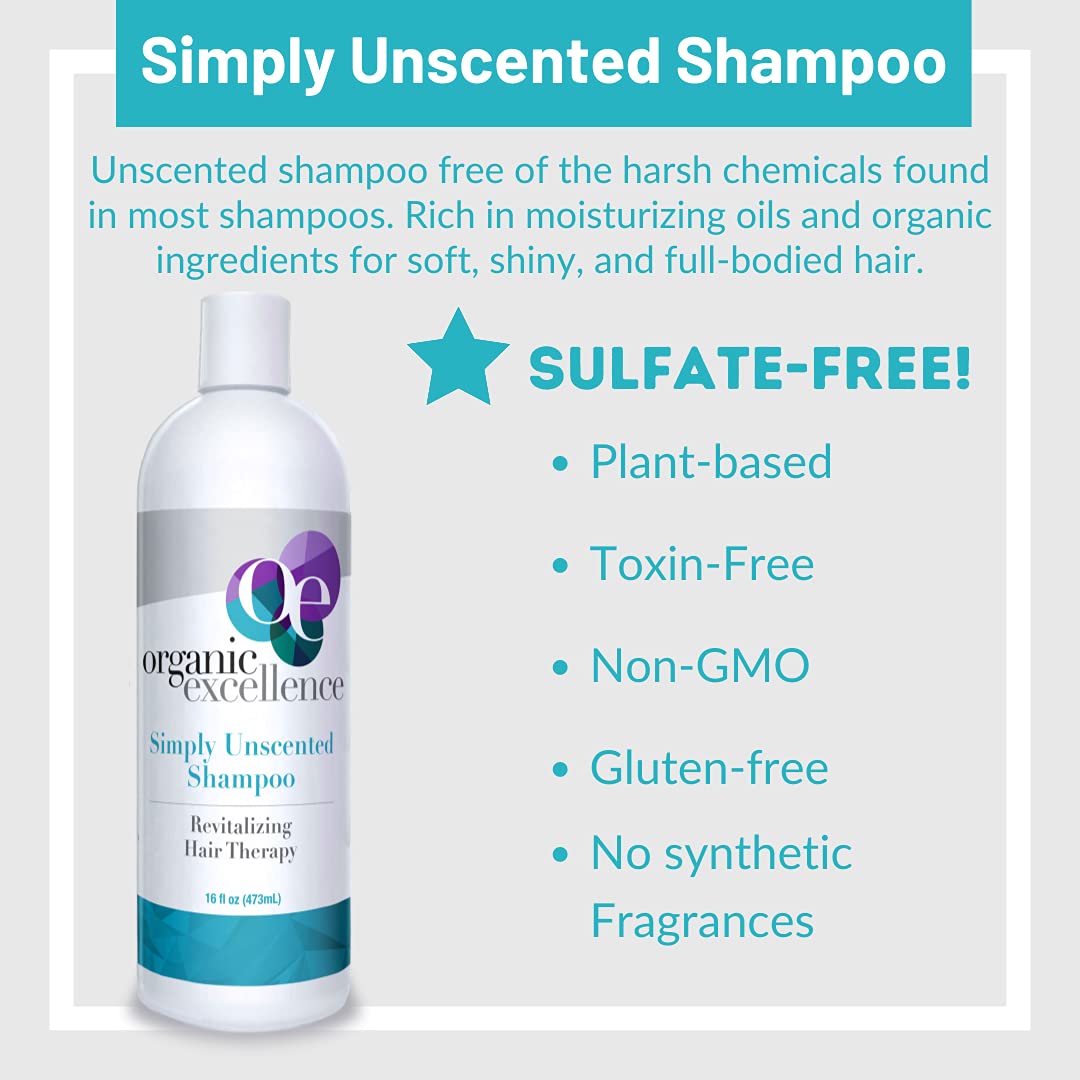 Organic Excellence All Natural Chemical-Free Shampoo | Sulfate-Free, Paraben-Free, Fragrance-Free for Men, Women & Kids | Color-Safe 16 fl oz (473 ml) | Gentle Daily Hair Care for Sensitive Scalp & Colored Hair