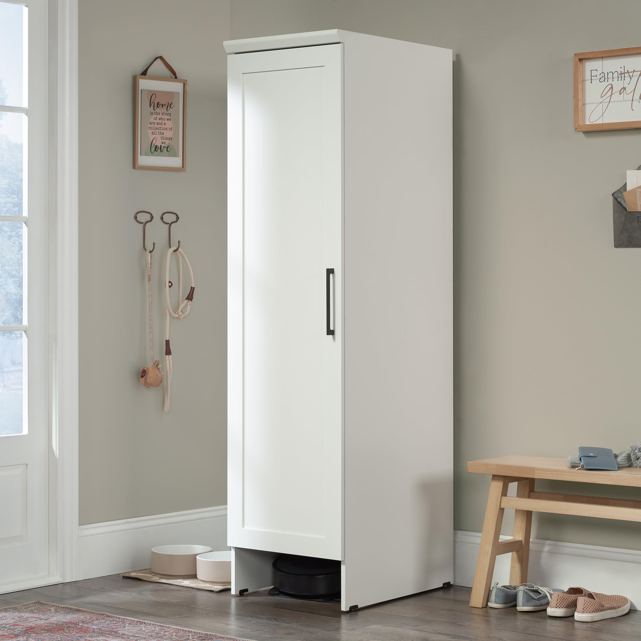 Sauder HomePlus Single Door Kitchen Pantry Storage Cabinet with Adjustable Shelves - White Laundry Organizer & Robot Vacuum Storage | Perfect for Small Spaces, Apartments & Closet Organization