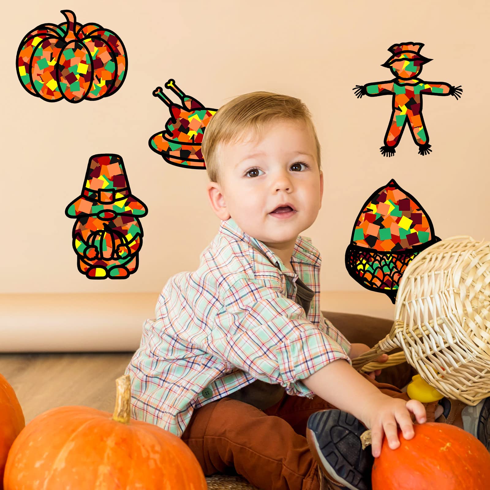 Gueevin 18 Sets Thanksgiving Stained Glass Suncatcher Kit - DIY Window Art Crafts with Tissue Paper & Glue Sticks for Kids, Classroom Decor, Holiday Home Decoration | Perfect for Thanksgiving Activities, Children's Art Projects & Seasonal Window Displays