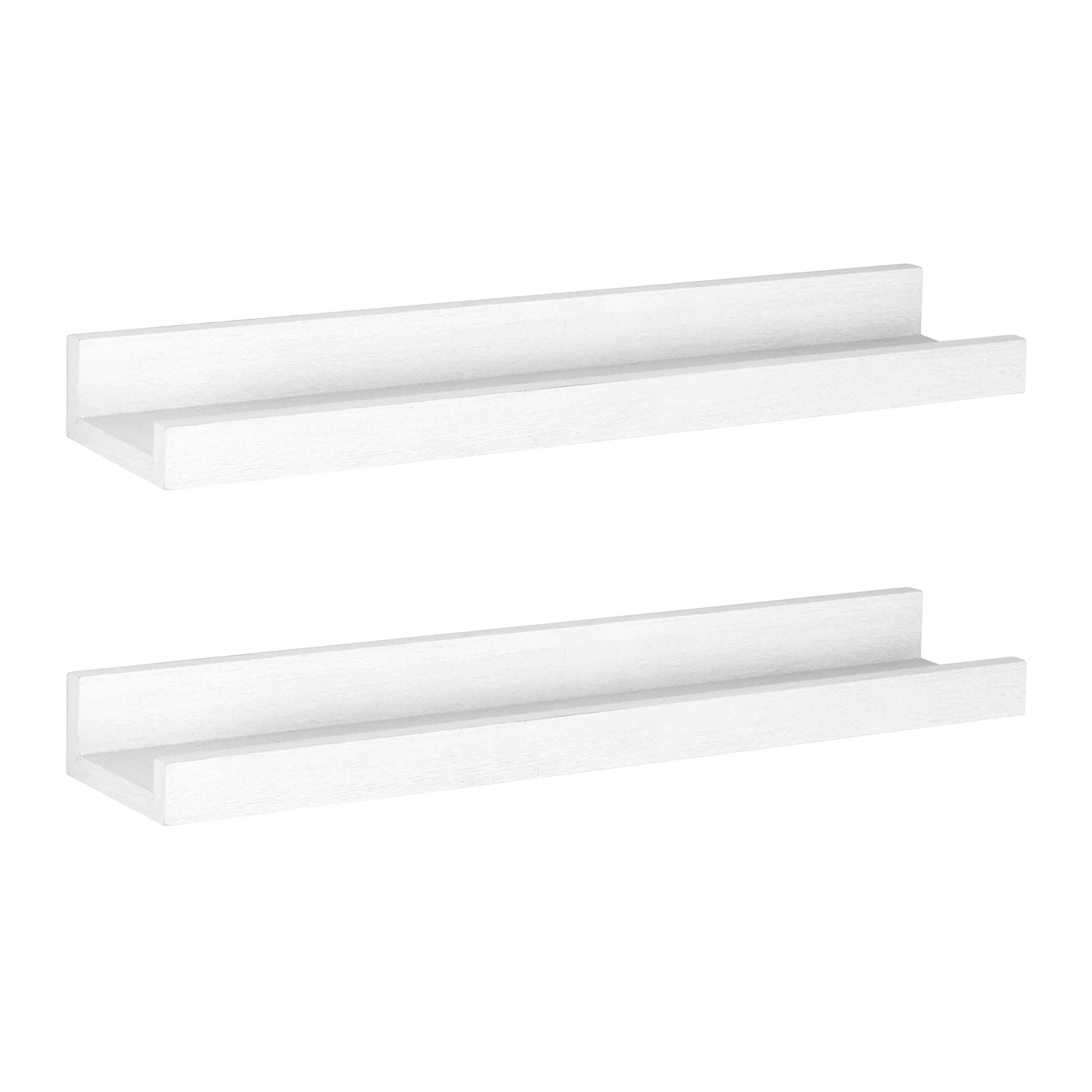 MCS 18 Inch White Woodgrain Floating Picture Ledge Shelf - Set of 2 - Modern Wall Decor for Living Room, Bedroom & Office - Perfect for Displaying Photos, Art & Collectibles