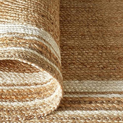Handmade Jute Farmhouse Rug - 5x7 Feet Natural Braided Oval Area Rug for Living Room, Bedroom, Kitchen - Eco-Friendly Home Decor with White Line Accent - Perfect for Boho, Coastal & Rustic Style Homes