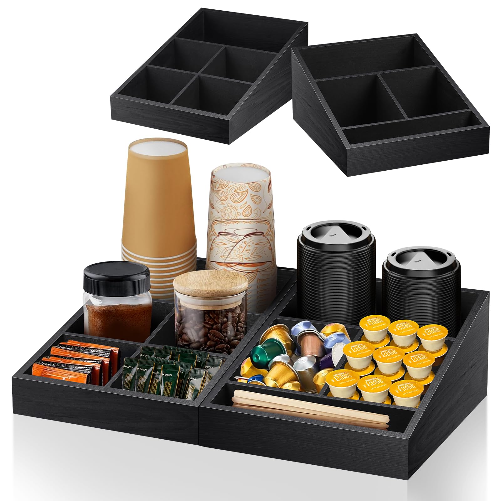 9-Compartment Wooden Coffee Station Organizer & Condiment Tray - Countertop Coffee Bar Storage for Home, Office & Breakroom (Two-in-One Black) - Perfect for Espresso Machines, Keurig Stations & Kitchen Counter Organization