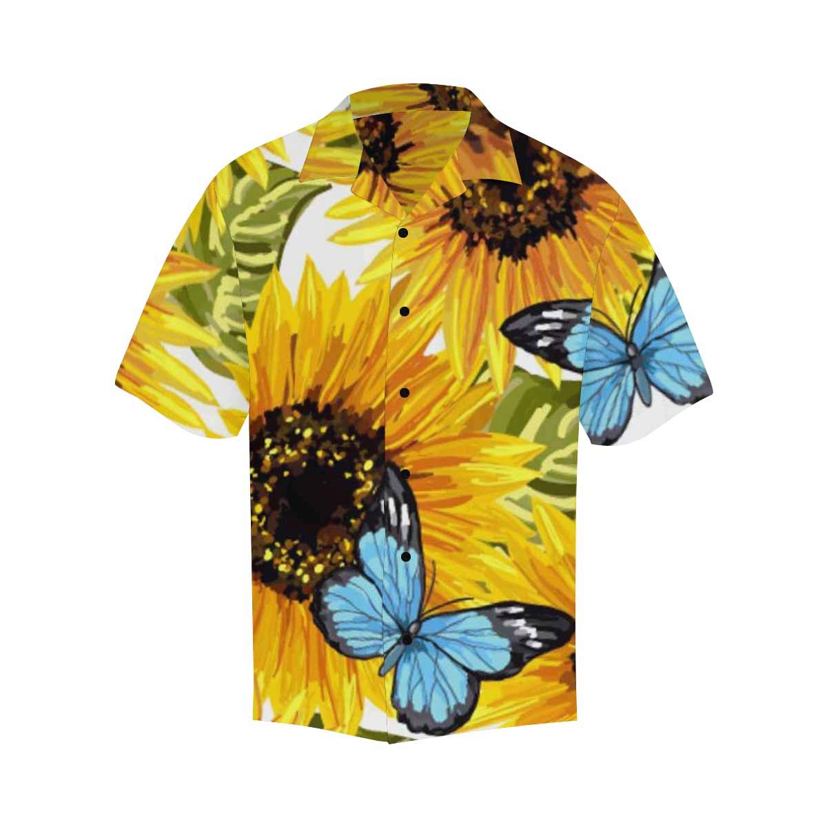 InterestPrint Men's Hawaiian Shirt - Short Sleeve V-Neck Button Down Tropical Sunflower & Blue Butterfly Print Shirt for Beach Vacation, Summer Party & Casual Wear