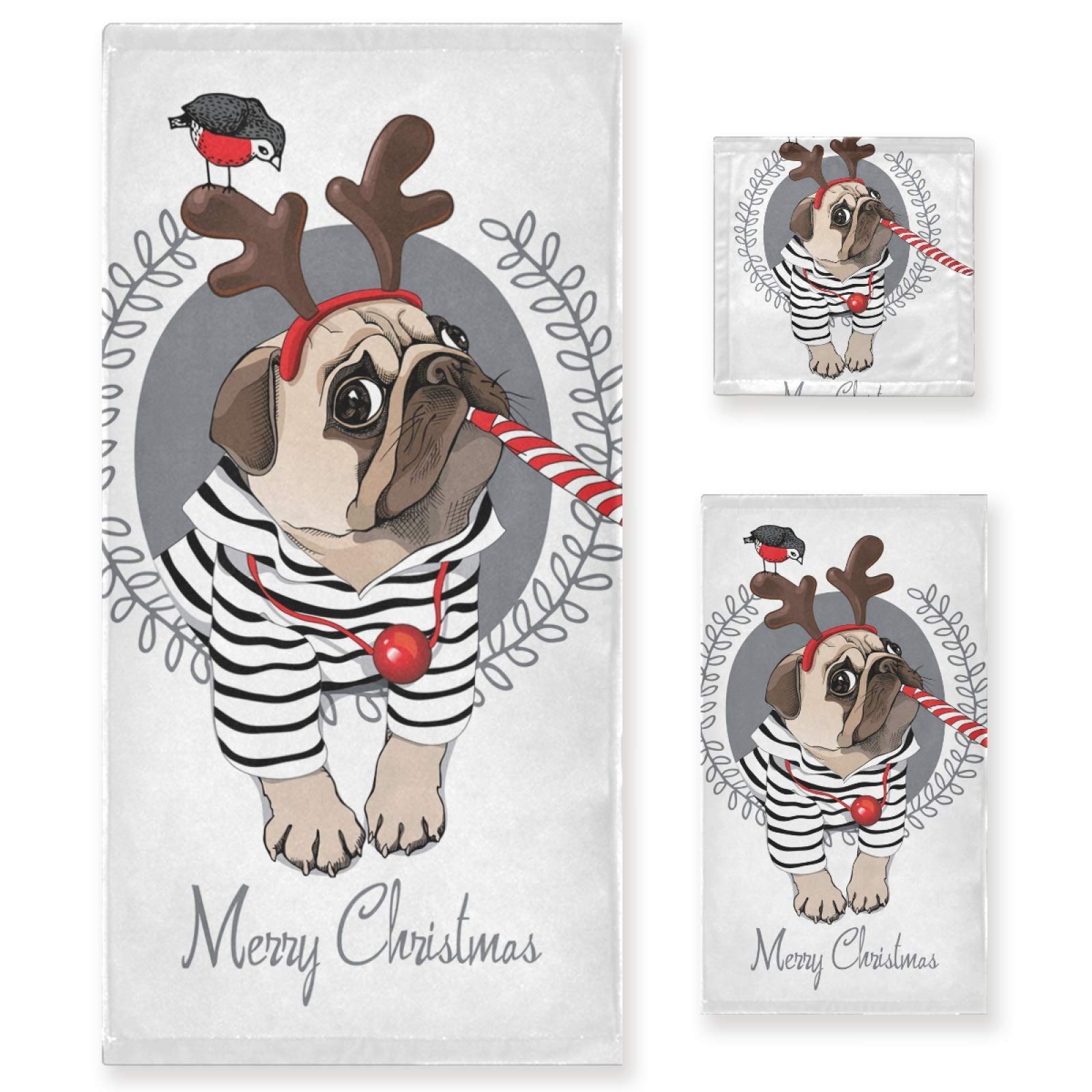 ALAZA Christmas Bath Towel Set - Large Soft Holiday Bath Towels for Home & Bathroom with Festive Pug Dog, Reindeer & Horn Designs - Perfect for Christmas Decor, Gifts & Cozy Winter Bath Time