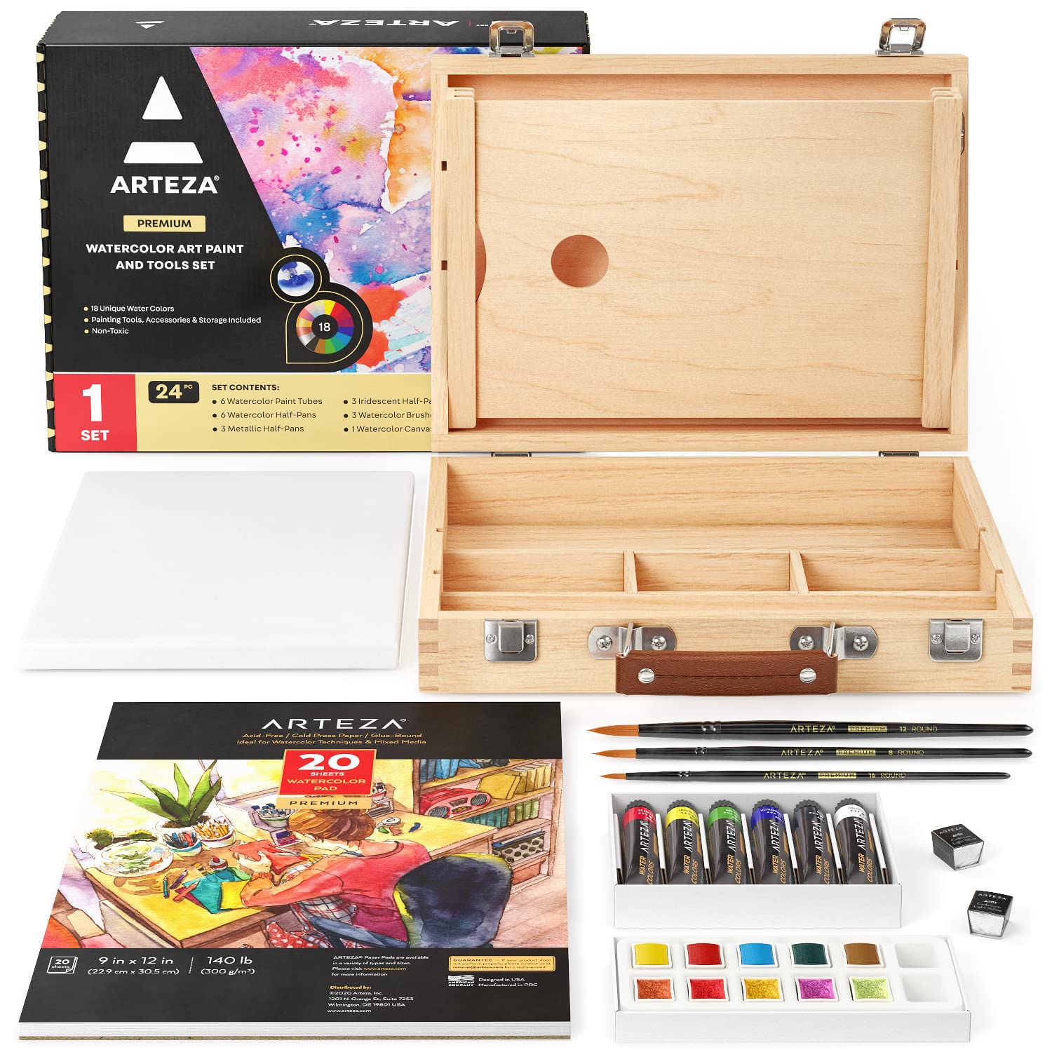 ARTEZA 24-Piece Watercolor Paint Set with 18 Vibrant Colors, 3 Brushes, Paper Pad & Canvas - Complete Artist Kit in Wooden Storage Case | Perfect for Beginners, Professionals & Watercolor Painting Projects