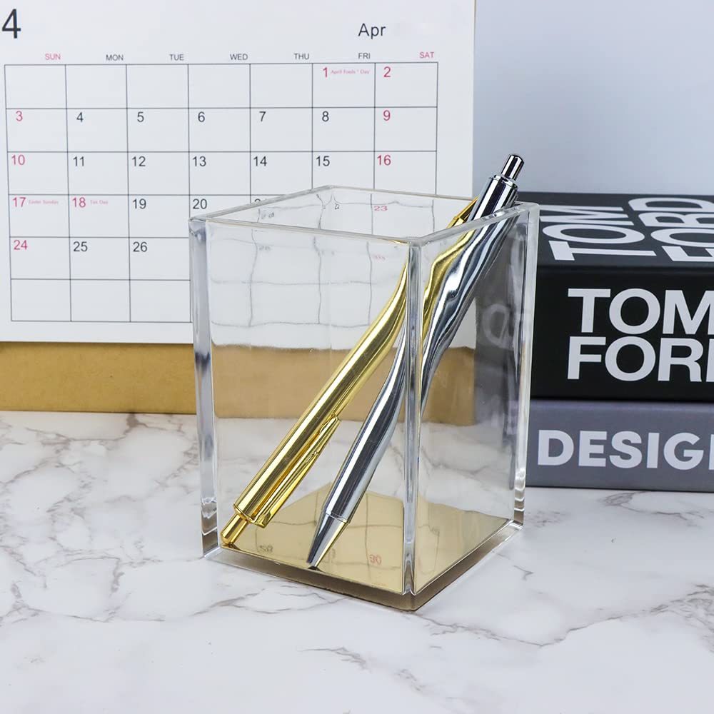 Clear Acrylic Pencil Pen Holder with Gold Base - Modern Desk Organizer for Office, Makeup Brushes & Stationery | Perfect for Home Office, Vanity Table & Workstation Storage