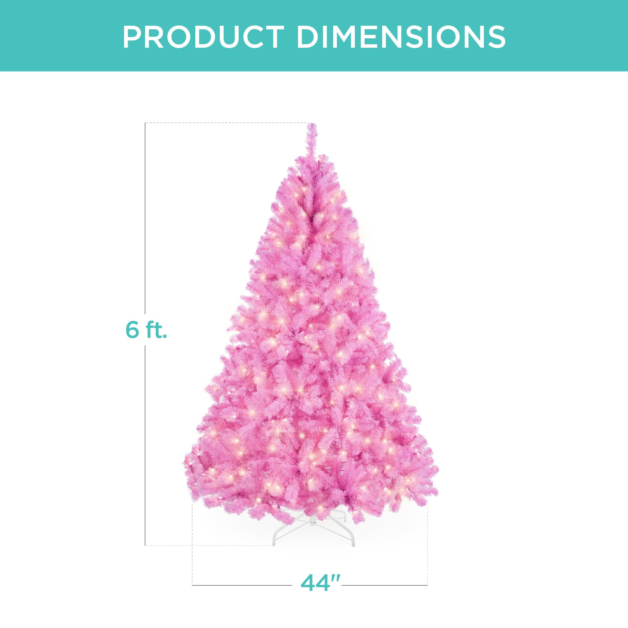 Best Choice Products 6ft Pre-Lit Pink Artificial Christmas Tree with 250 LED Lights - 947 Branch Tips, Metal Hinges & Foldable Base - Perfect for Home, Office, Party & Holiday Decorations