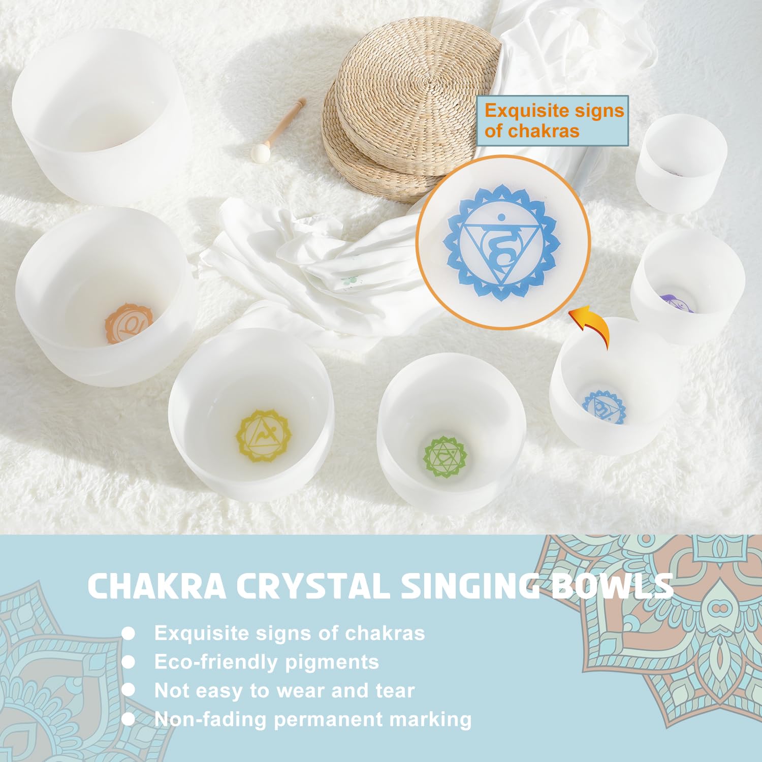 440Hz 6-12 Inch Set of 7 Frosted Quartz Crystal Singing Bowls with 2 Carry Bags | Paternoster Healing Meditation & Sound Therapy Tools for Yoga, Reiki & Chakra Balancing
