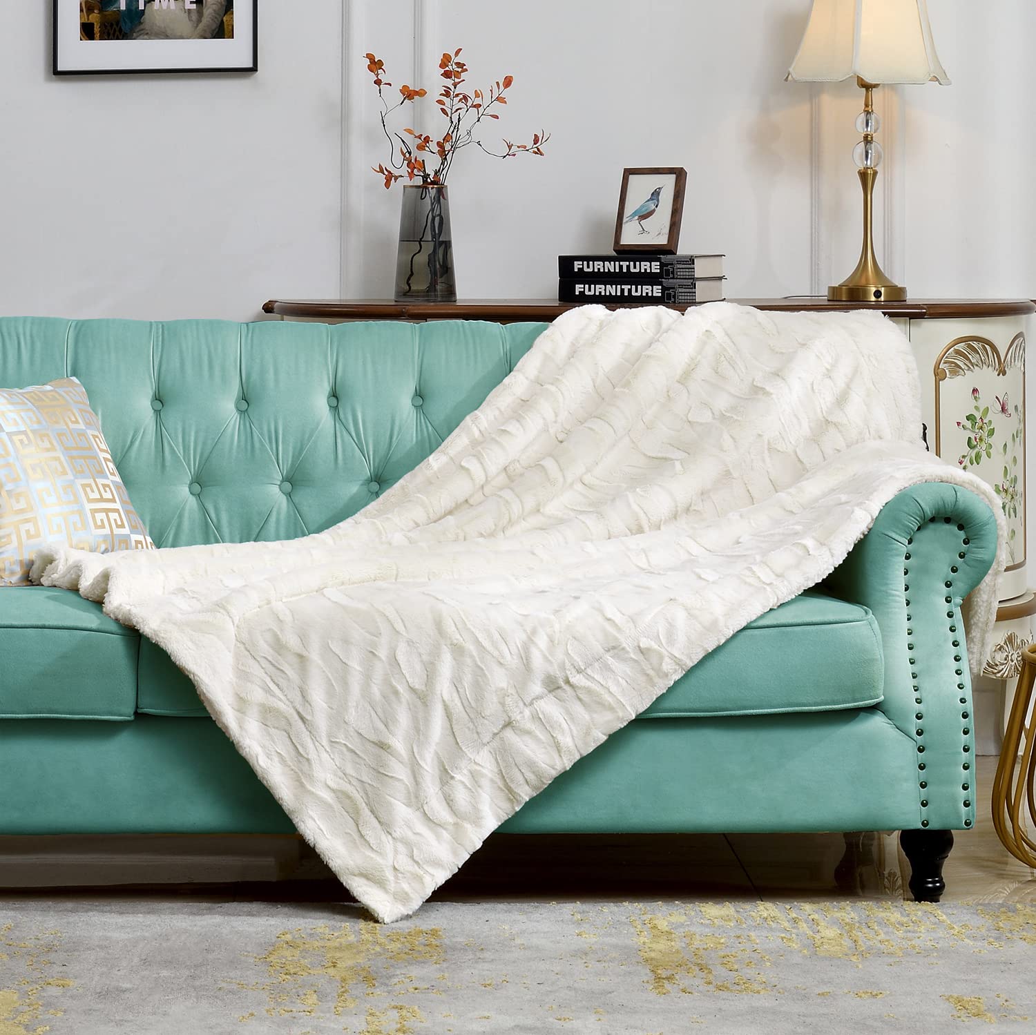 Soft Fuzzy Faux Fur Throw Blanket - Lightweight Cozy Reversible Sherpa Fleece Blanket for Couch, Sofa & Bed - Elegant Embossed Living Room Decor (50×60 inches, Cream) - Perfect for Snuggling, Movie Nights & Home Decor