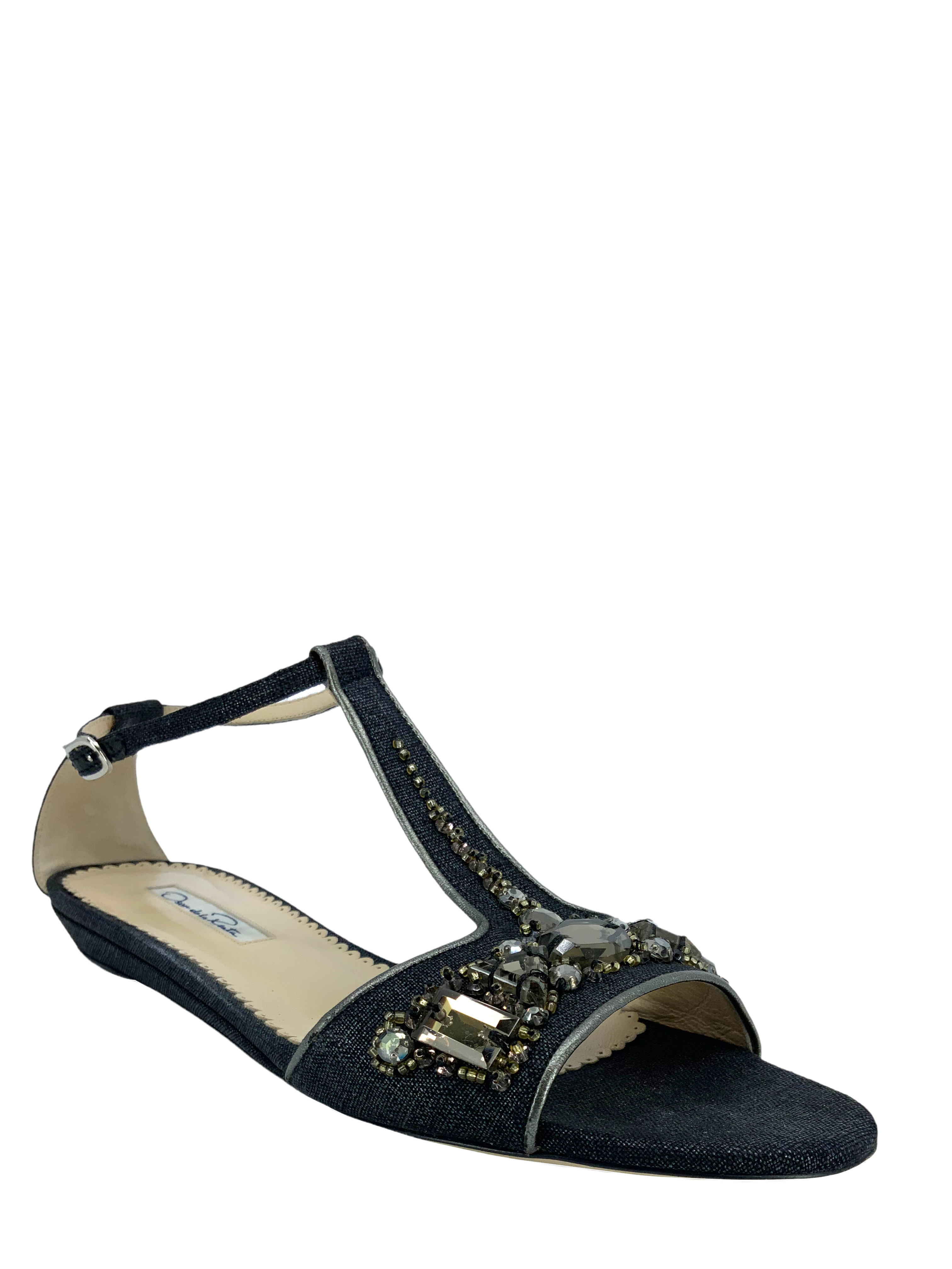 Oscar de la Renta Embellished T-Strap Flat Sandals for Women | Size 8 | Comfortable Summer Shoes for Beach, Wedding & Casual Outings
