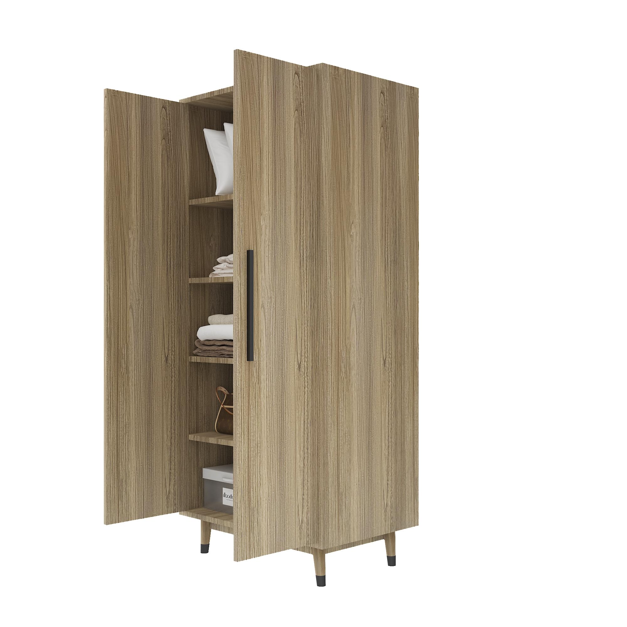 Modern Oak Wood Armoire Wardrobe - 2-Door Freestanding Closet with Adjustable Shelves & Hanging Rod - Spacious Storage Cabinet for Bedroom, Living Room or Walk-In Closet Organization