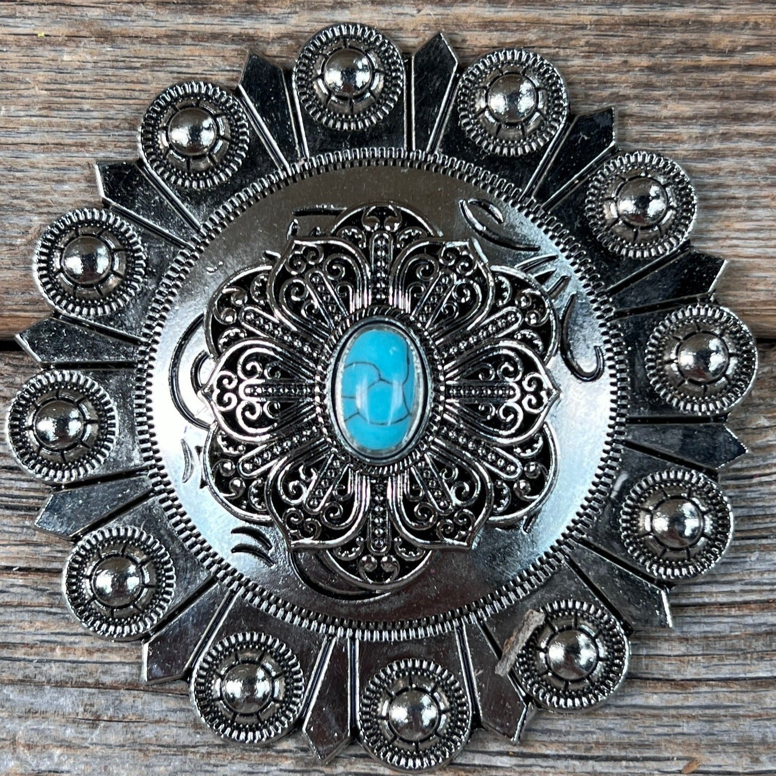 Antique Silver Filigree Floral Turquoise Western Concho Belt Buckle W234 - Handcrafted Western Jewelry for Cowboy Boots, Belts & Boho Fashion Accessories