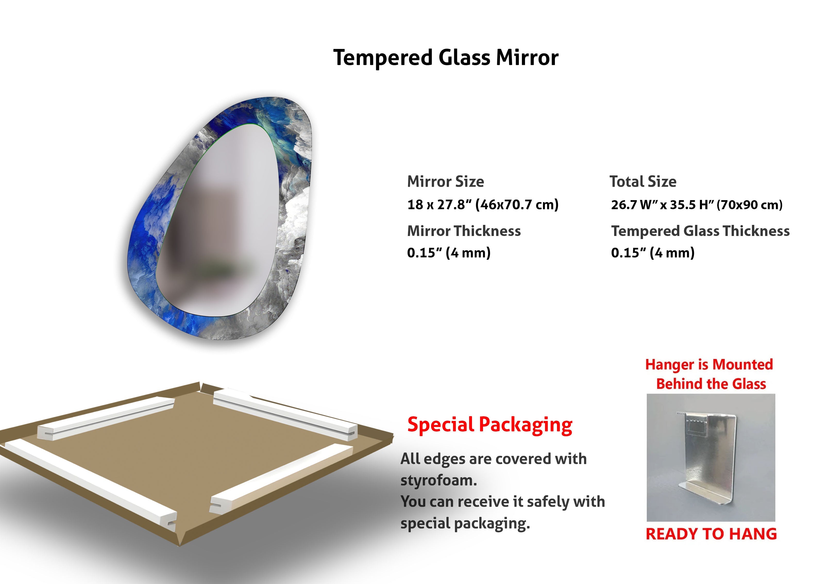 Blue Abstract Asymmetrical Glass Wall Mirror - Modern Decorative Mirror for Living Room, Bedroom, Entryway - Unique Home Decor & Stylish Wall Art