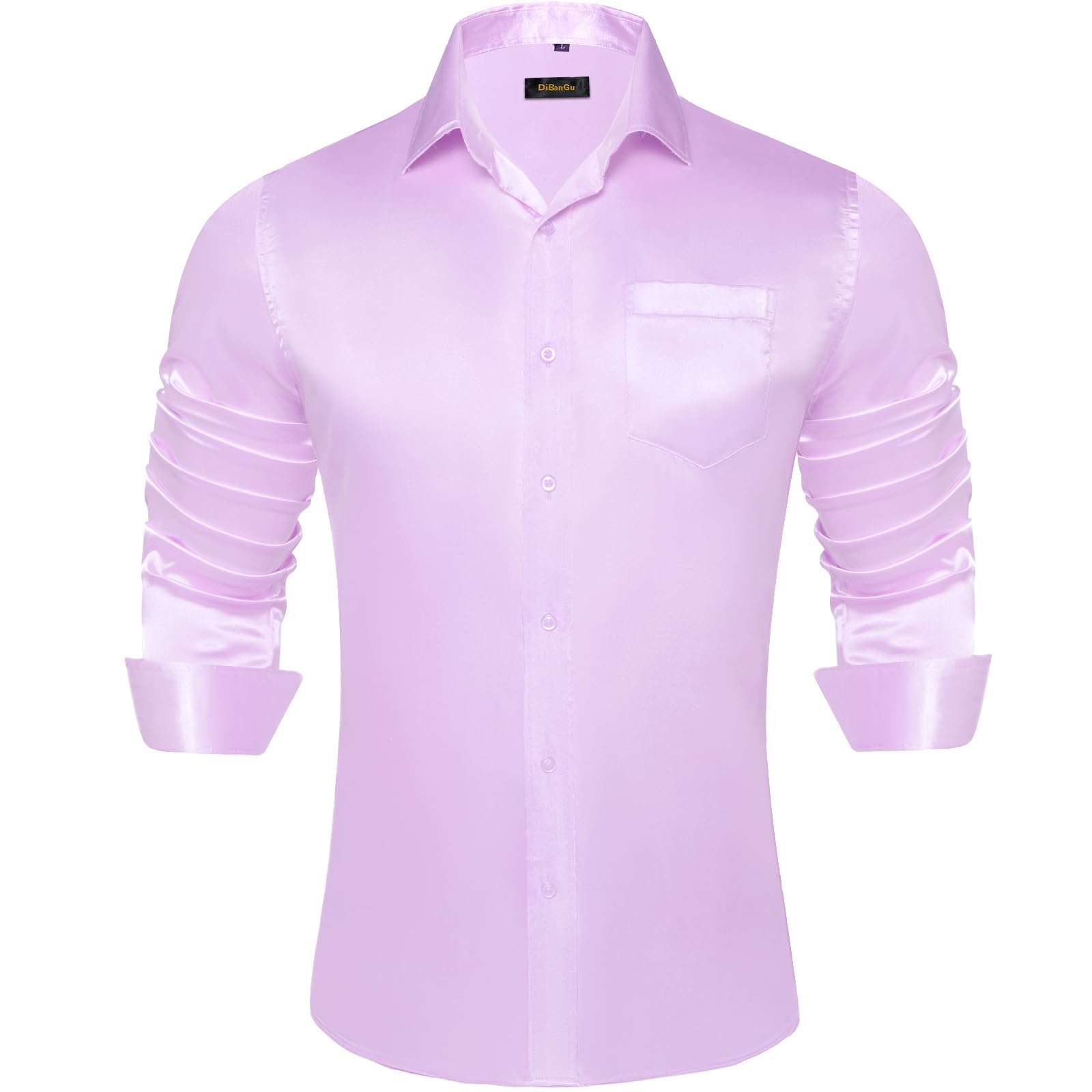 Men's Satin Shiny Long Sleeve Button Down Dress Shirt - Solid Color Regular Fit Formal Shirt with Pocket for Wedding, Party & Business Occasions | Office Wear, Date Night & Special Events Attire
