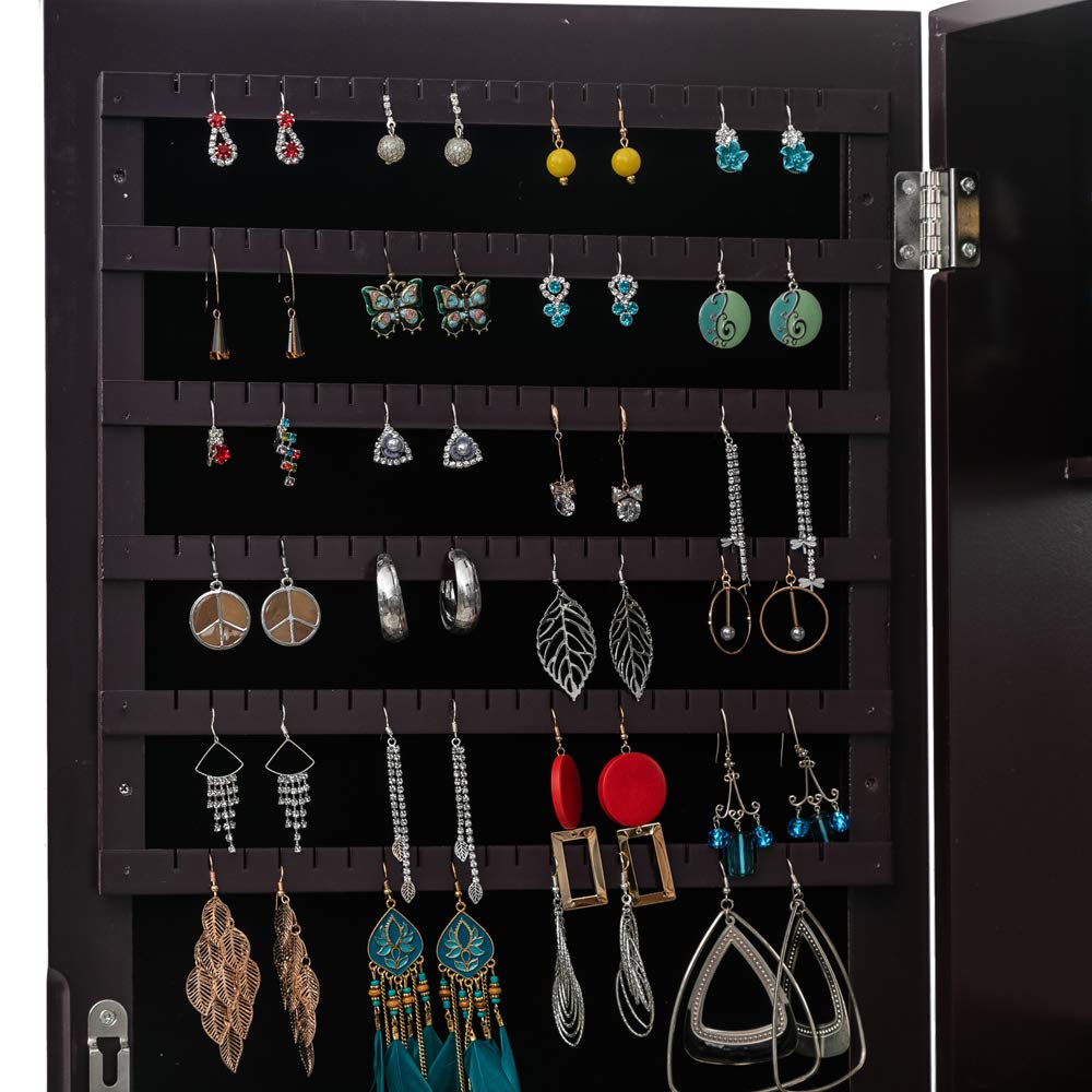 Lockable Jewelry Armoire Cabinet with Full-Length Mirror - Dark Brown Wooden Floor Standing Jewelry Storage Organizer for Bedroom, Closet & Dressing Room