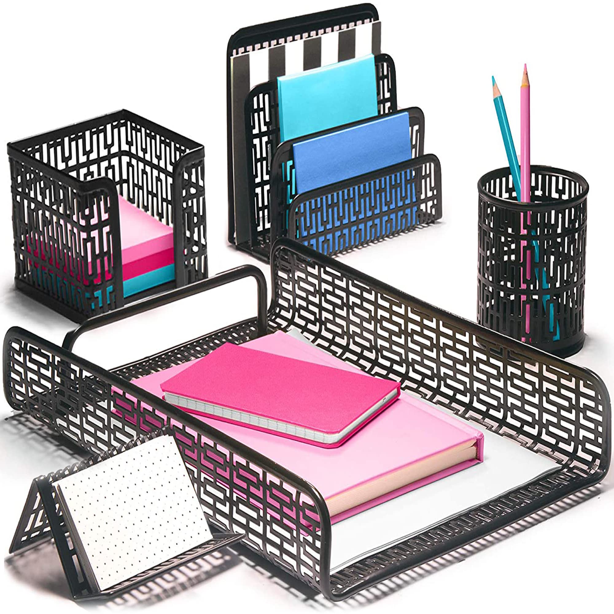 5-Piece Black Desk Organizer Set - Stylish Office Desk Accessories with Art Deco Design | Perfect for Home Office, Workspace & Study Desk Organization