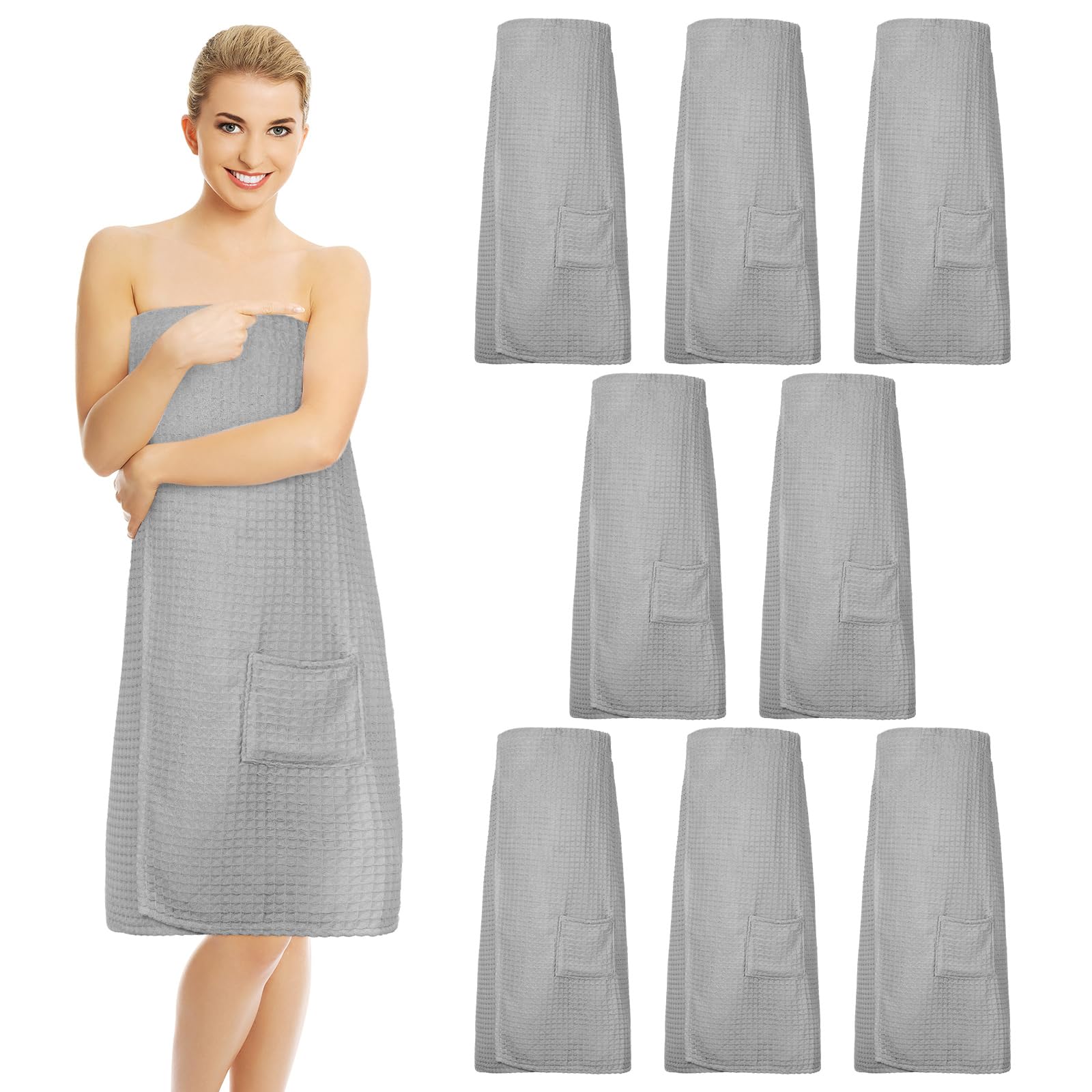 Tigeen 8-Piece Waffle Weave Bathrobe Set for Women - Knee-Length Spa Towel Wrap with Pockets & Adjustable Closure - Soft Absorbent Post-Shower Robes for Home, Pool & Beach Use