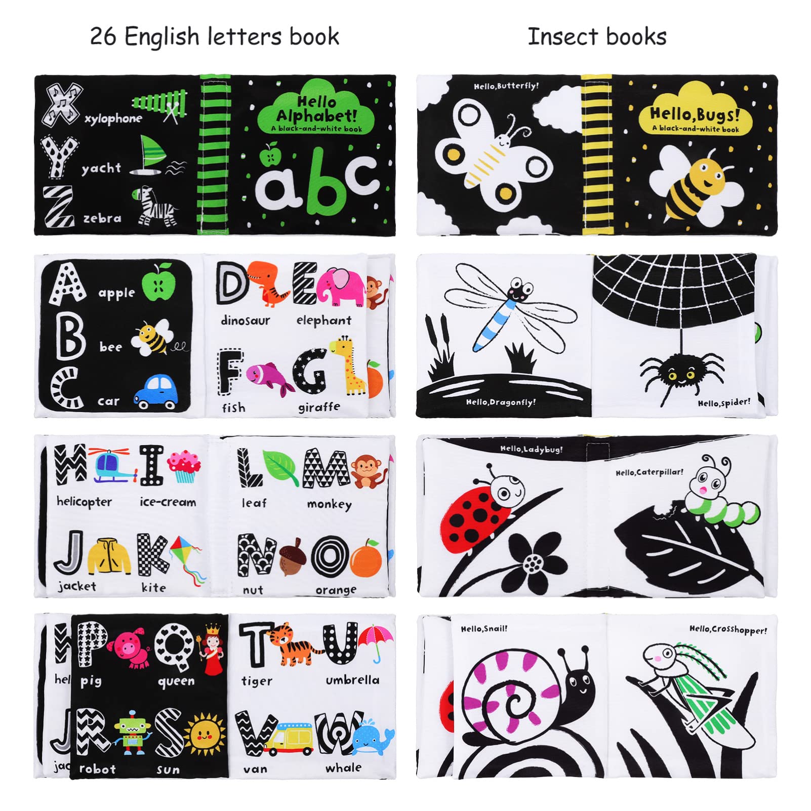 Toyvian 2 Pack Black & White High Contrast Baby Soft Cloth Books - Crinkle Sensory Activity for Early Learning (0-12 Months) | Perfect Newborn Educational Toys for Boys & Girls | Great for Tummy Time & Nursery Play