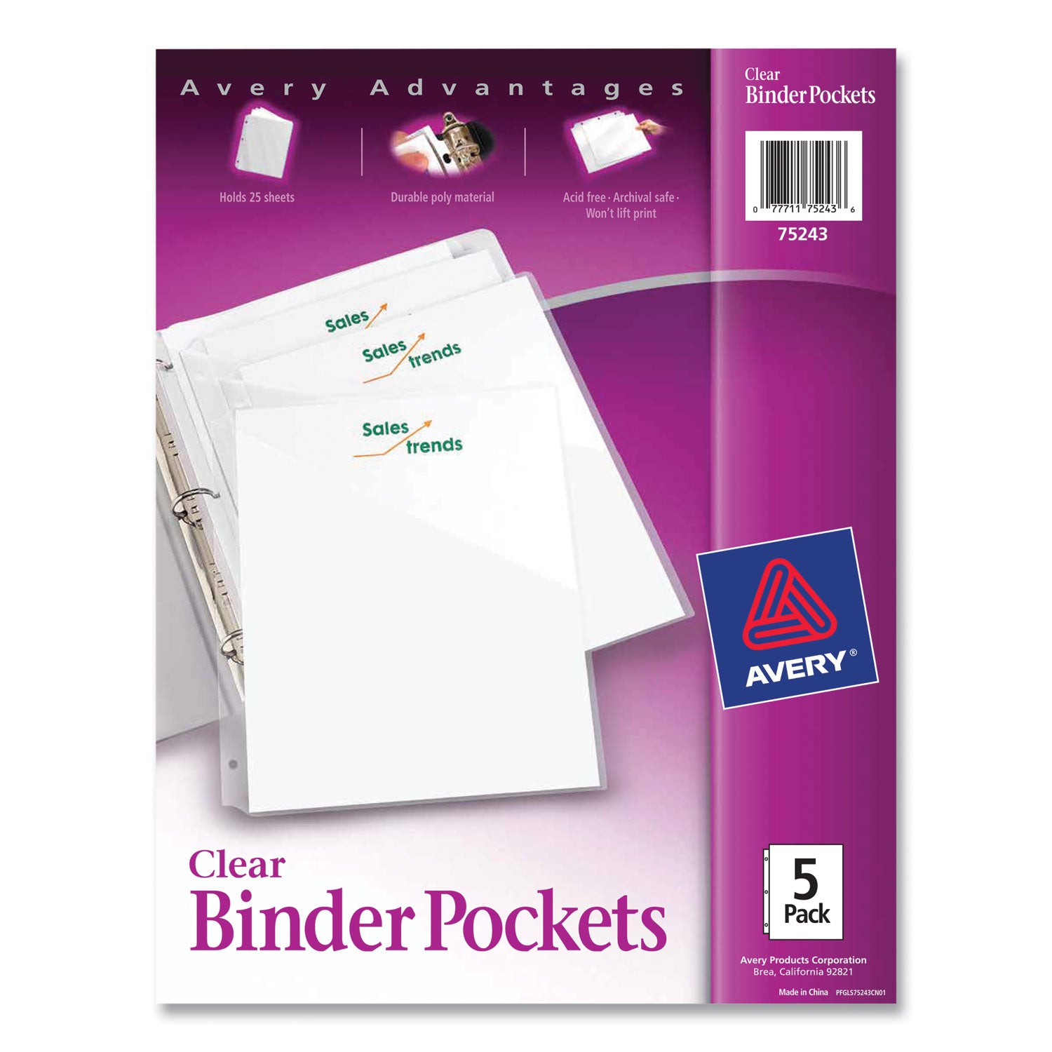 Avery® Clear 3 Hole Punched Binder Pockets - 9.25 x 11 Inches, Pack of 5 | Perfect for School, Office & Document Organization
