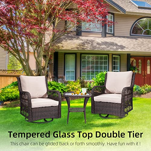 GARVEE 3-Piece Rattan Swivel Rocking Chair Set for Outdoor Patio, Wicker Bistro Conversation Furniture with Cushions & Side Table - Perfect for Garden, Porch, and Backyard Relaxation