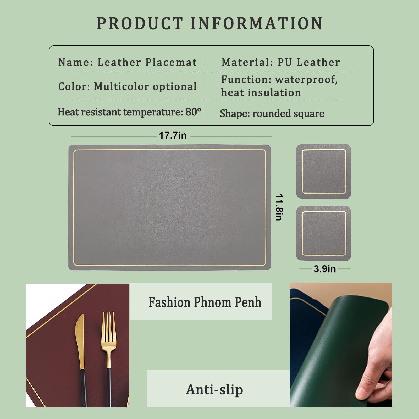 Premium Leather Placemats Set of 4 with Matching Coasters - Non-Slip Heat-Resistant Washable Table Mats for Dining Table - Modern Gray Placemats for Home, Restaurant & Office Use
