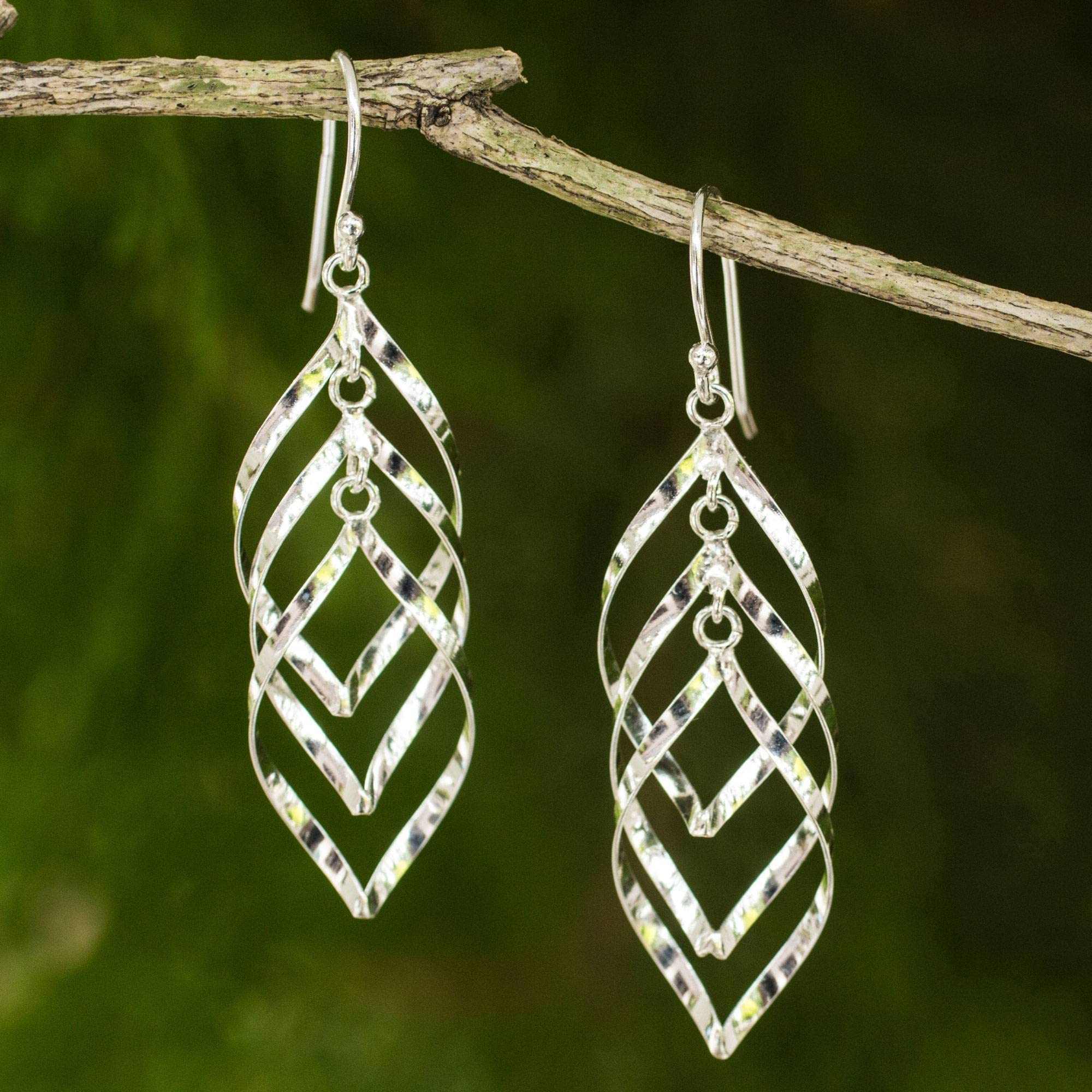 NOVICA Handmade Sterling Silver Dangle Earrings - Thai Leaf Tree Design with Leaf Cluster Pattern (2