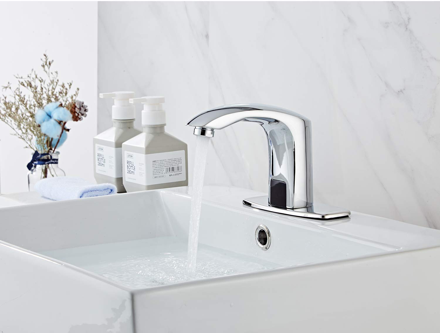 Automatic Touchless Bathroom Sink Faucet - Motion Sensor Hands-Free Chrome Vanity Faucet with Dual Power (Battery/AC), Temperature Mixer & Control Box - Ideal for Modern Homes, Public Restrooms & ADA Compliant Spaces