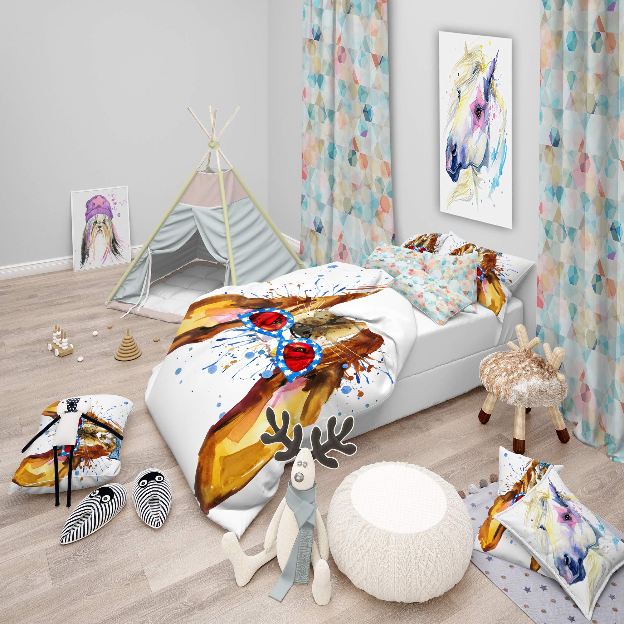 Funny Brown Dog with Glasses Duvet Cover Set Queen Size - 3 Piece Animal Print Bedding Set for All Seasons | Cozy Dog Lover's Bedroom Decor for Kids & Adults