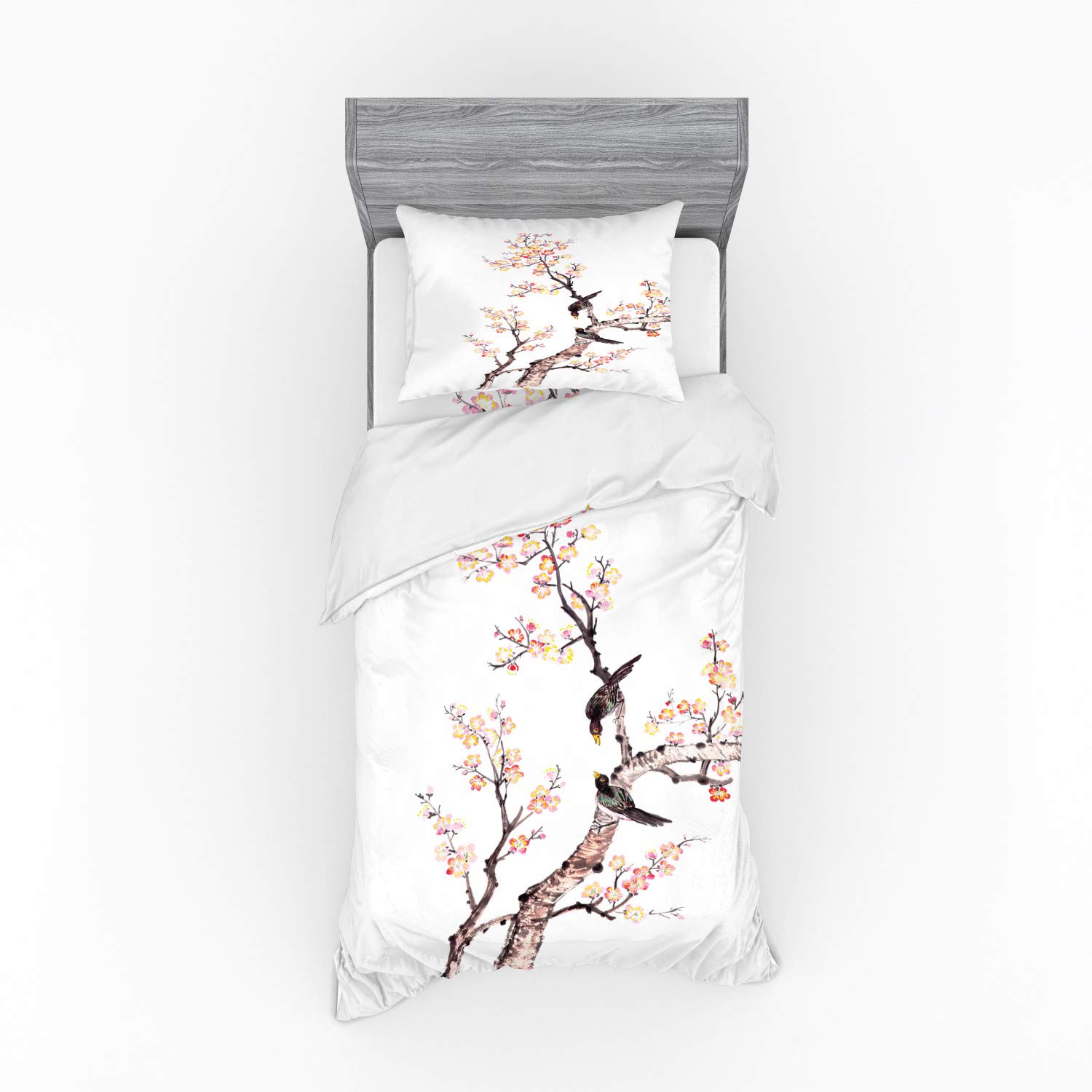 Ambesonne Traditional Chinese Plum Blossom & Birds Floral Art 3-Piece Bedding Set - Twin XL Duvet Cover with Sham & Fitted Sheet in Pale Yellow Brown | Asian-Inspired Home Decor for Master Bedroom, Guest Room & Dorm