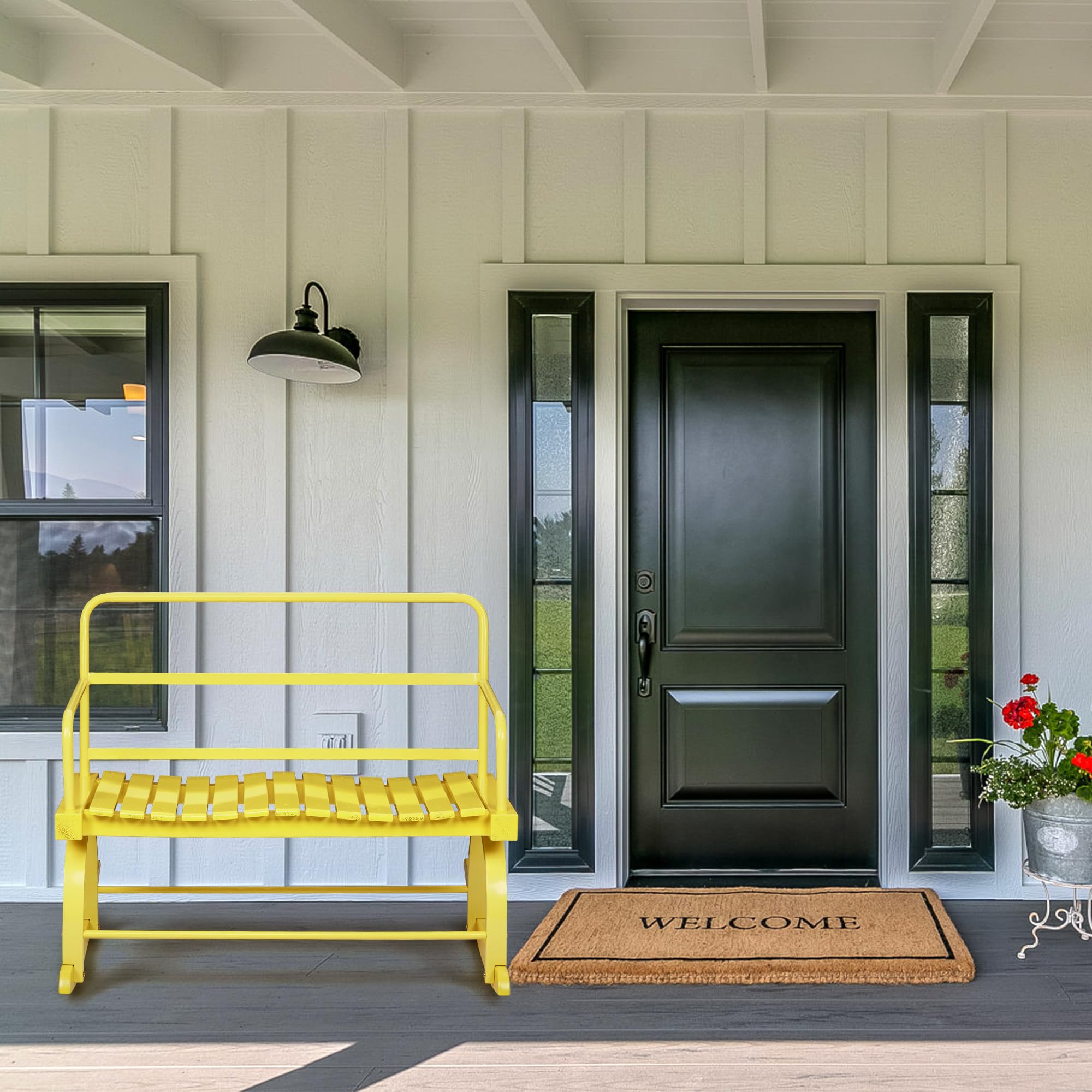 GARVEE 2-Person Wooden Rocking Chair for Outdoor & Indoor Use - Patio, Garden, Lawn, Porch Swing Chair with Ironwood Frame in Yellow - Perfect for Relaxing on Decks, Backyards and Sunrooms