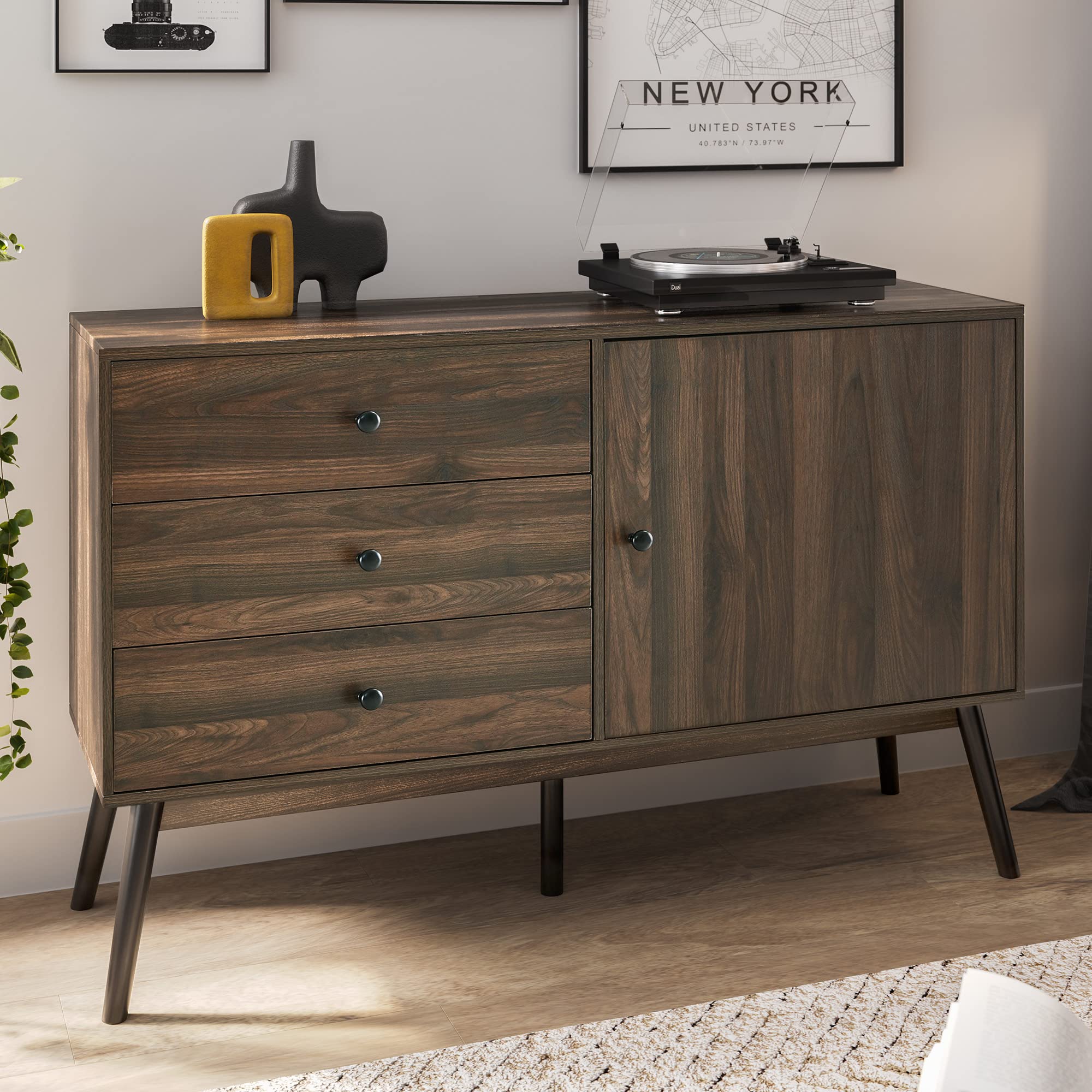 BELLEZE Mid Century Modern 52 Inch Sideboard Buffet Cabinet with Drawers - Dark Walnut TV Stand Entertainment Center for Living Room, Kitchen & Dining Room Storage Solution