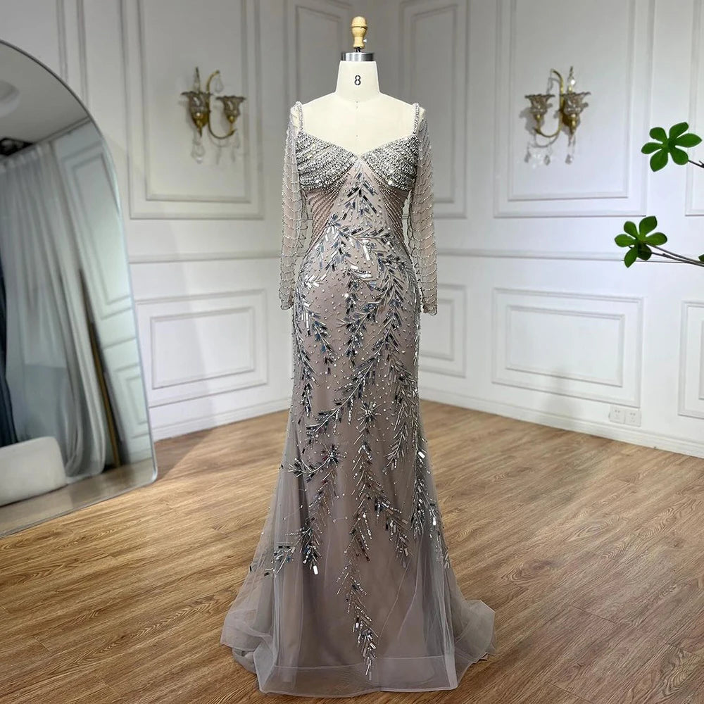 Elegant Arabic Silver Beaded Mermaid Evening Gown for Women - Luxury Dubai Wedding Party Dress 2025 LA72513 | Perfect for Formal Events, Galas & Special Occasions