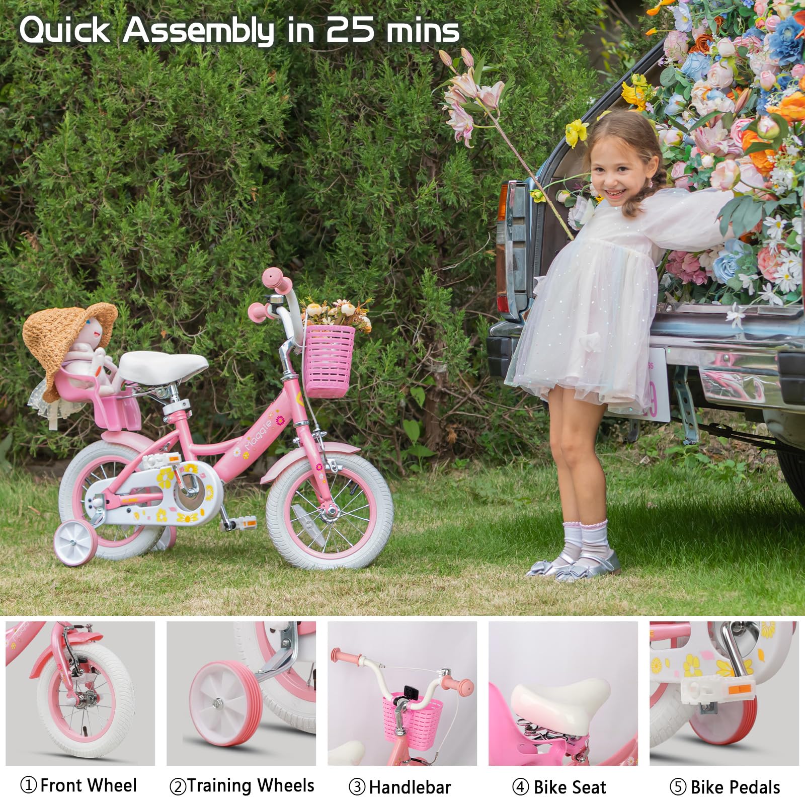 **Maggie Girls Bike 12-20 Inch Kids Bicycle for Ages 2-13 - Princess Style with Doll Seat, Basket & Training Wheels - Multiple Colors - Perfect for Outdoor Play, Birthday Gifts & Learning to Ride**