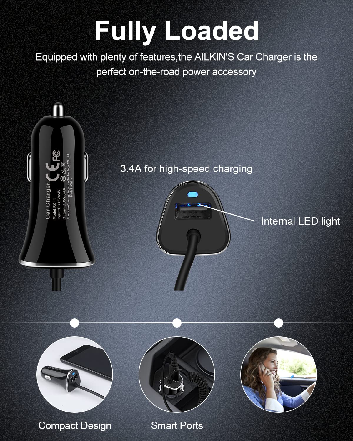 AILKIN Fast USB C Car Charger for Samsung Galaxy S24 Ultra/A55/A15/Z Fold/Flip 6 & iPhone 16 Pro/16 Pro Max/15 Plus - Dual Port Cigarette Lighter Adapter with Quick Charge - Perfect for Road Trips & Daily Commuting