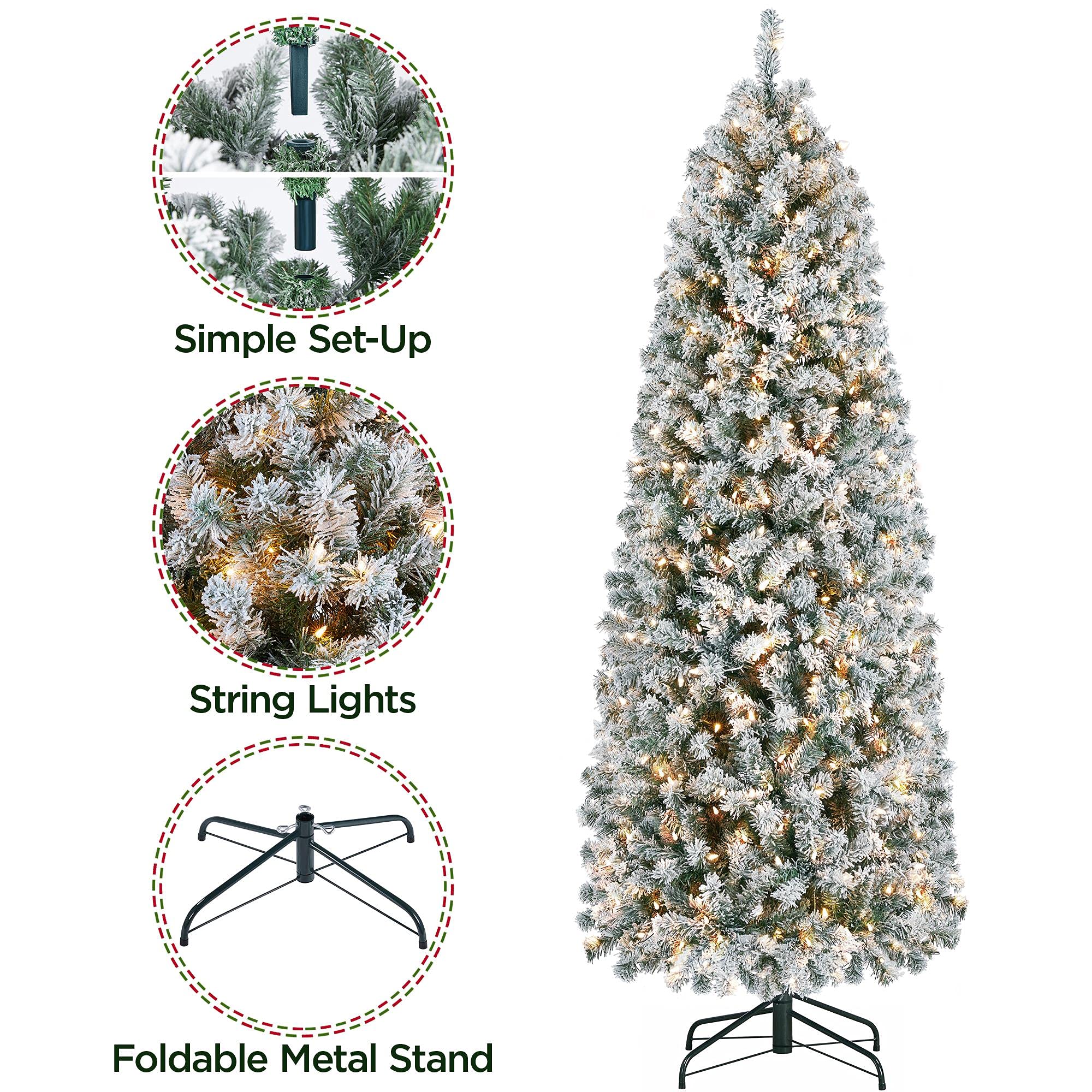 Yaheetech 6ft Pre-lit Snow Flocked Pencil Christmas Tree - Slim Hinged Artificial Fir with 250 Warm White Lights & 814 Snow Tips - Perfect for Small Spaces, Apartments, Office & Holiday Corner Decorations