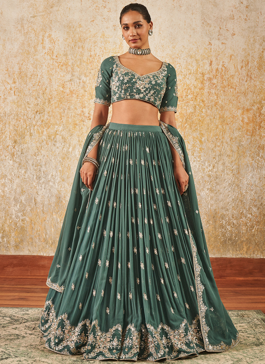 Elegant Dusty Green Embroidered Lehenga Choli Set for Women | Traditional Indian Bridal & Wedding Outfit | Perfect for Festivals, Parties, and Special Occasions