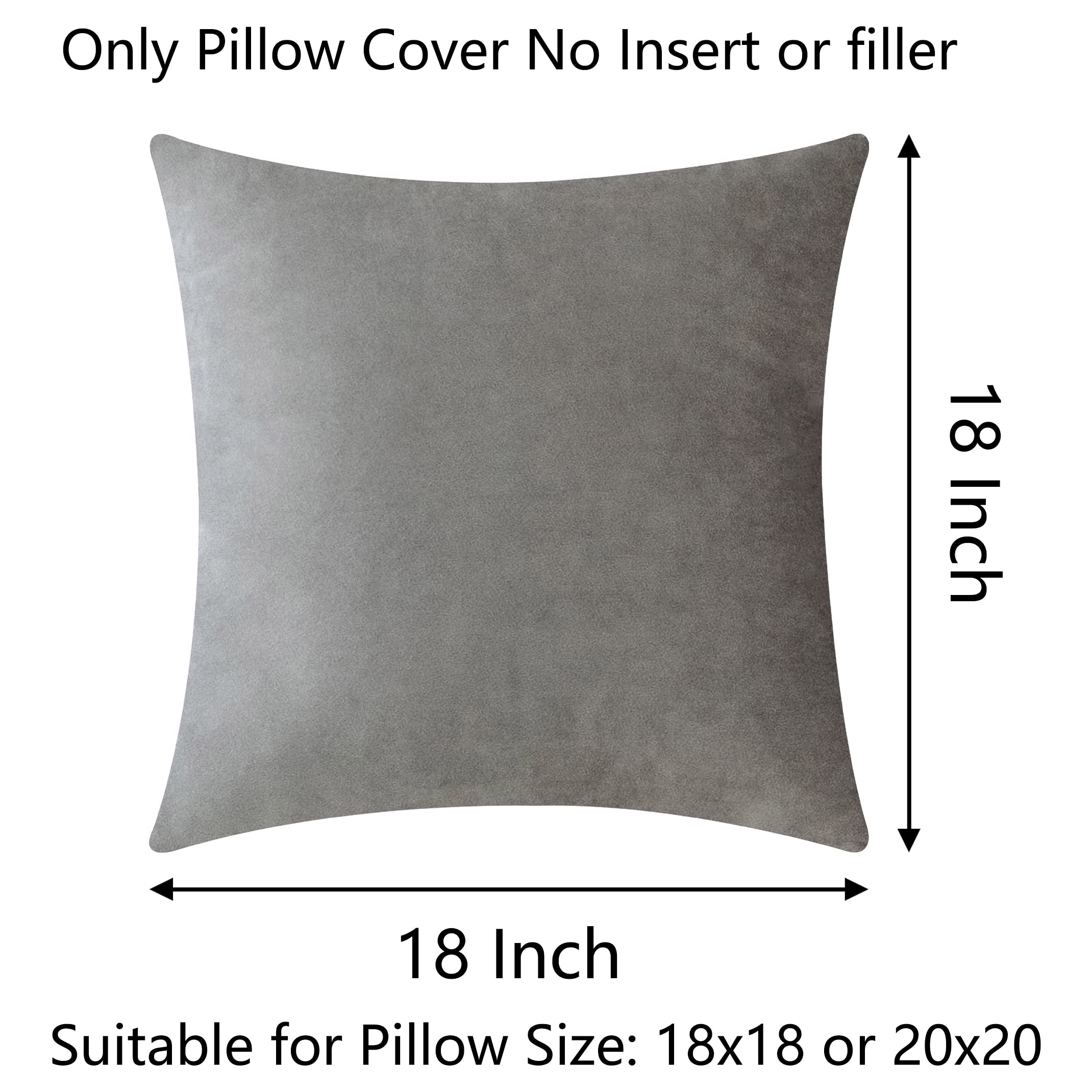 Demetex Grey Velvet Throw Pillow Covers 18x18 Inch - Super Soft Square Decorative Pillow Cases for Sofa, Bed, Bench - Set of 2 Plush Cushion Covers - Home Decor, Living Room, Patio & Balcony Use