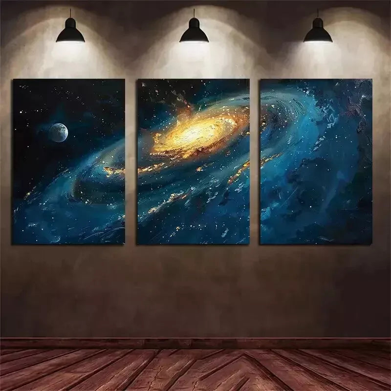 3Pcs Blue Starry Night Glowing Edge Wall Art Set - Framed Canvas 50x70cm (20x28in) - High Quality Print - Australian Made - Ready to Hang - Perfect for Living Room, Bedroom & Office Decor
