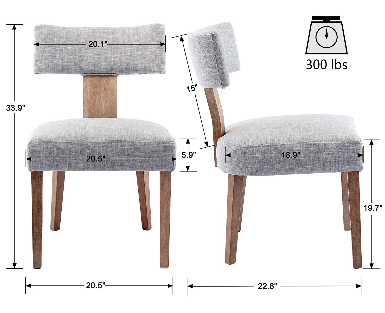 VESCASA Mid-Century Modern Farmhouse Dining Chairs Set of 2 - Upholstered Linen Padded Seats with Curved Open Back & Solid Wood Legs - Light Grey - Perfect for Dining Room, Kitchen, Breakfast Nook & Farmhouse Decor