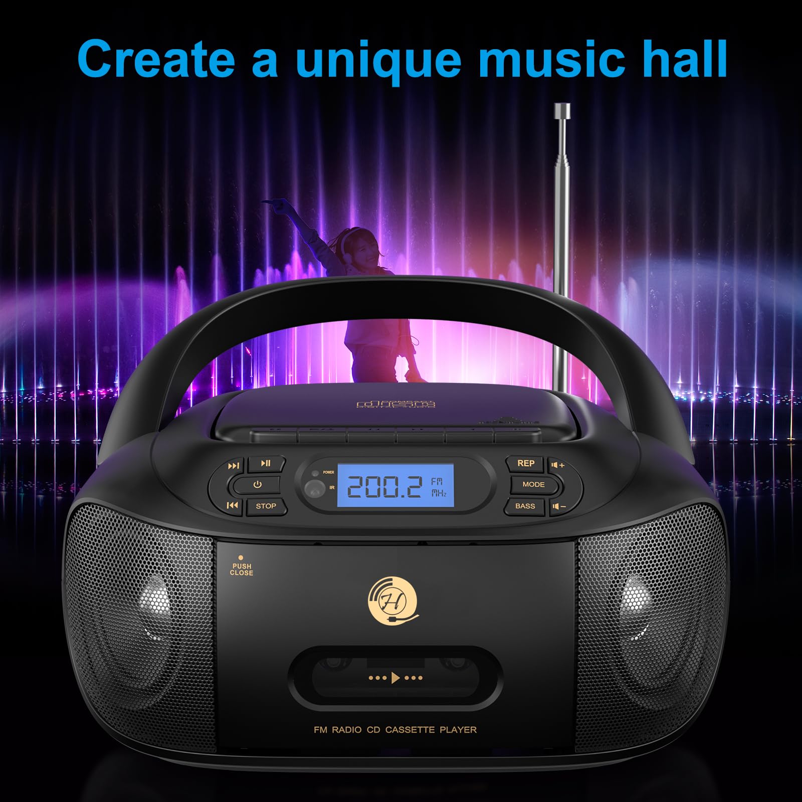 Hernido Portable Boombox with CD Cassette Player Combo, FM Radio, Rechargeable Stereo Speakers, Super Bass, AUX-In, USB Playback, Headphone Jack – Perfect for Home, Parties, and Outdoor Gatherings