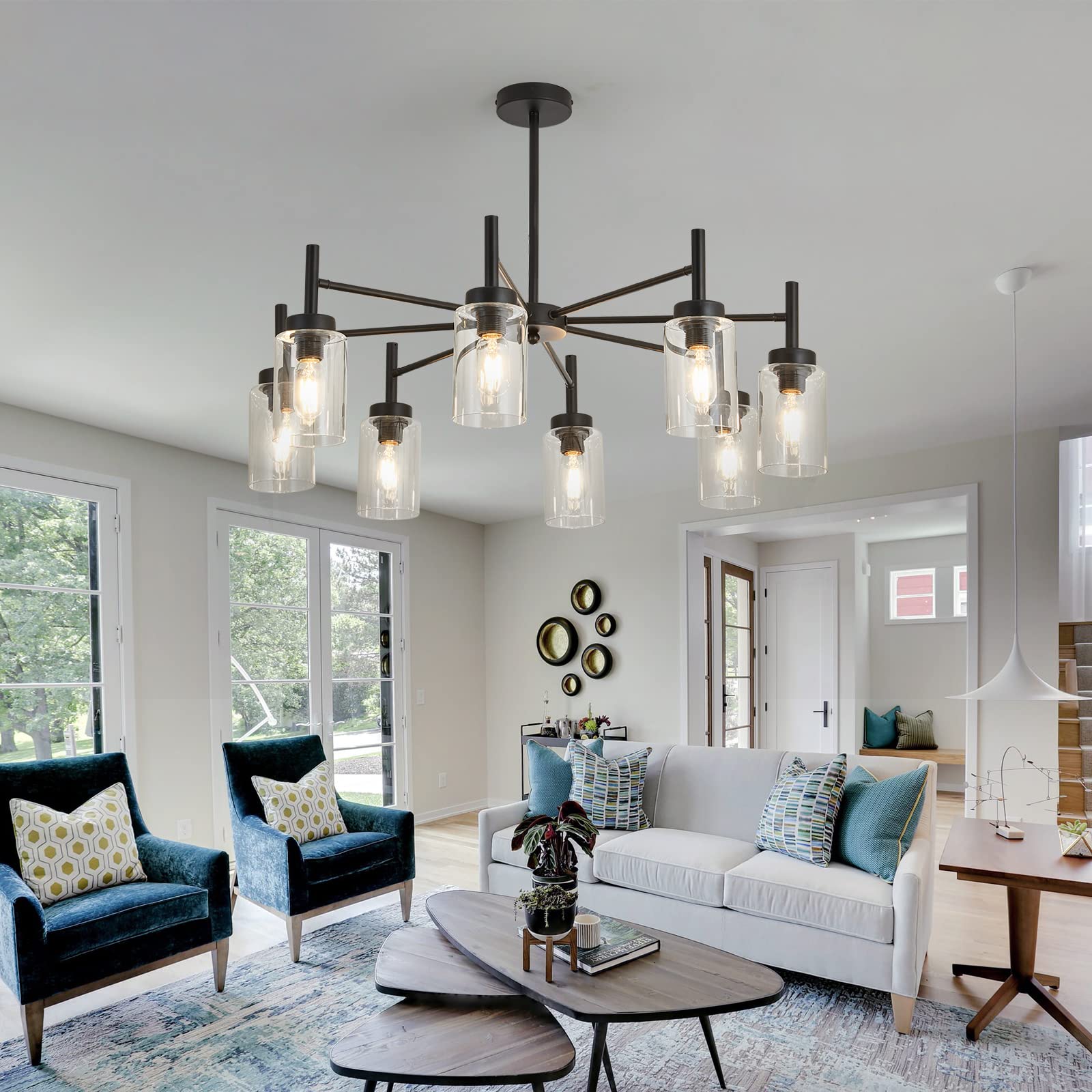Modern Black 8-Light Chandelier with Clear Glass Shades - Farmhouse Style Metal Ceiling Light Fixture for Kitchen, Dining Room, Living Room & Bedroom - Perfect for Rustic Home Decor and Ambient Lighting