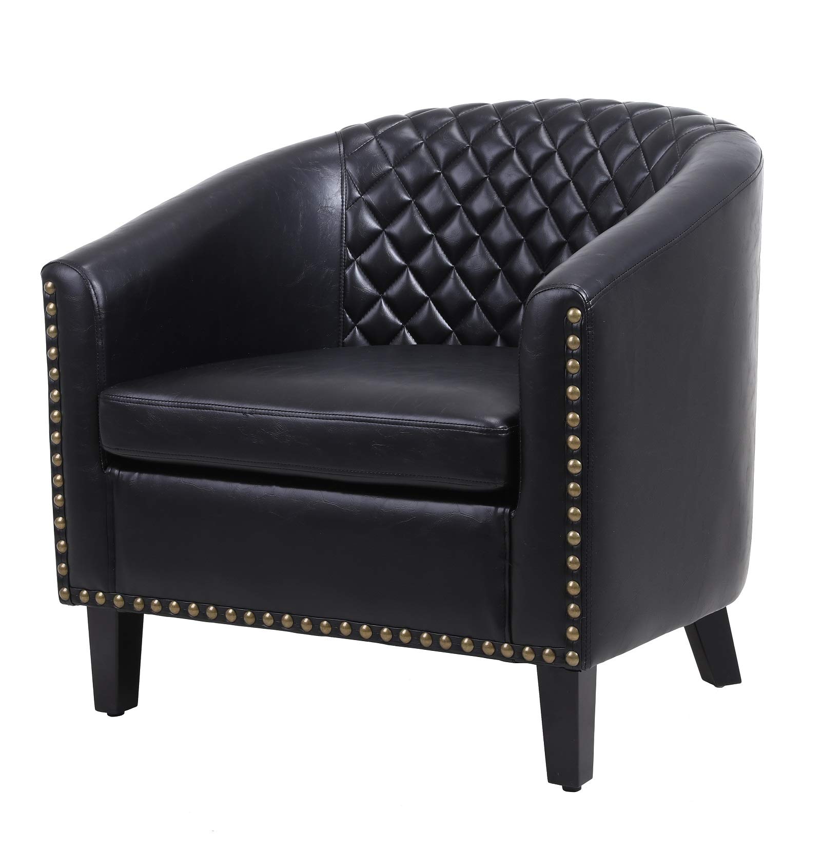 Rhomtree Modern Accent Chair with Nailhead Trim & Solid Wood Legs - Barrel Club Armchair for Living Room, Bedroom, Office - Contemporary Black Upholstered Lounge Chair for Home Decor