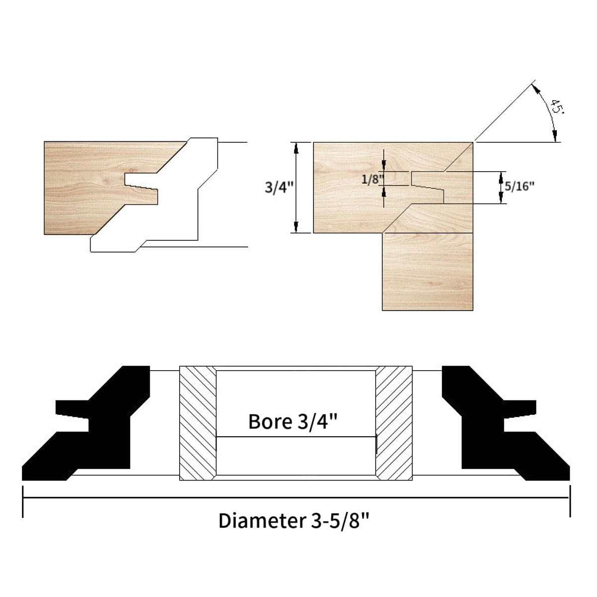 45-Degree Lock Miter Shaper Cutters 4-Wing - 3/4