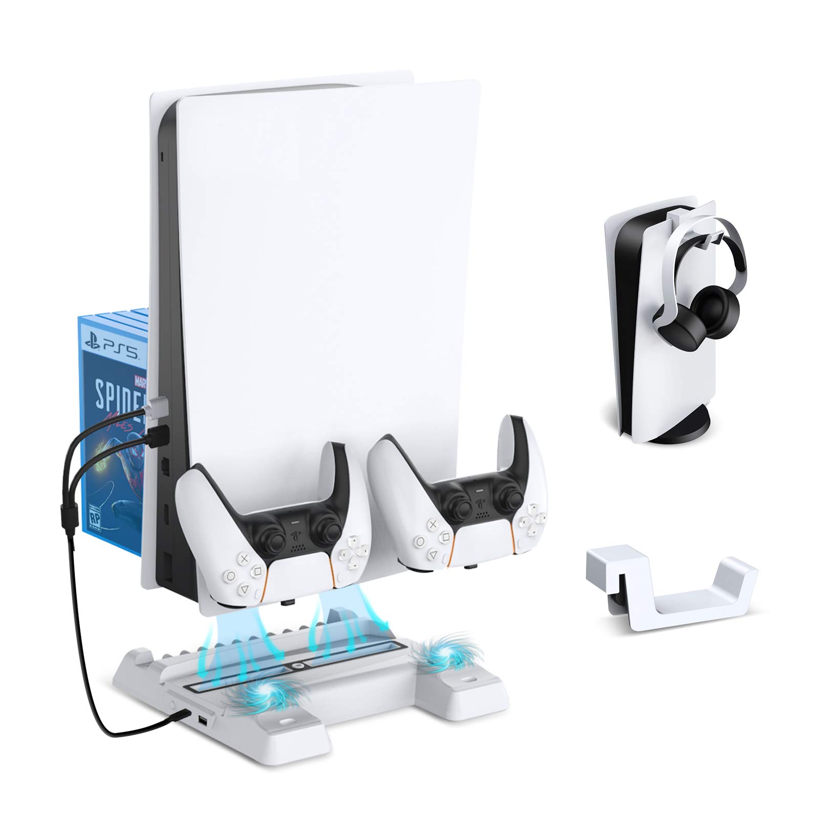 BEJOY PS5 Charging Station with Cooling Fan & Headphone Stand - 3-Speed Adjustable Vertical Stand for PlayStation 5, Dual Type-C Charging Dock with Game Storage (11 Slots) & Gaming Headset Holder - Perfect for Gaming Setup & Console Organization (White)