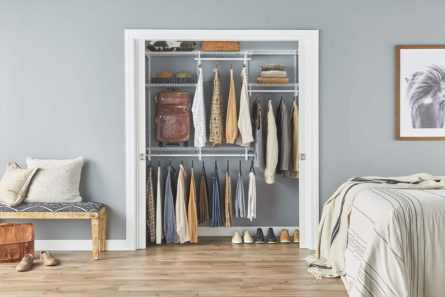 ClosetMaid Adjustable Wire Closet Organizer System 4-6 Feet with Shelves & Clothes Rods - Durable Steel Closet Storage Solution for Bedroom, Walk-in Closet or Pantry Organization (White)