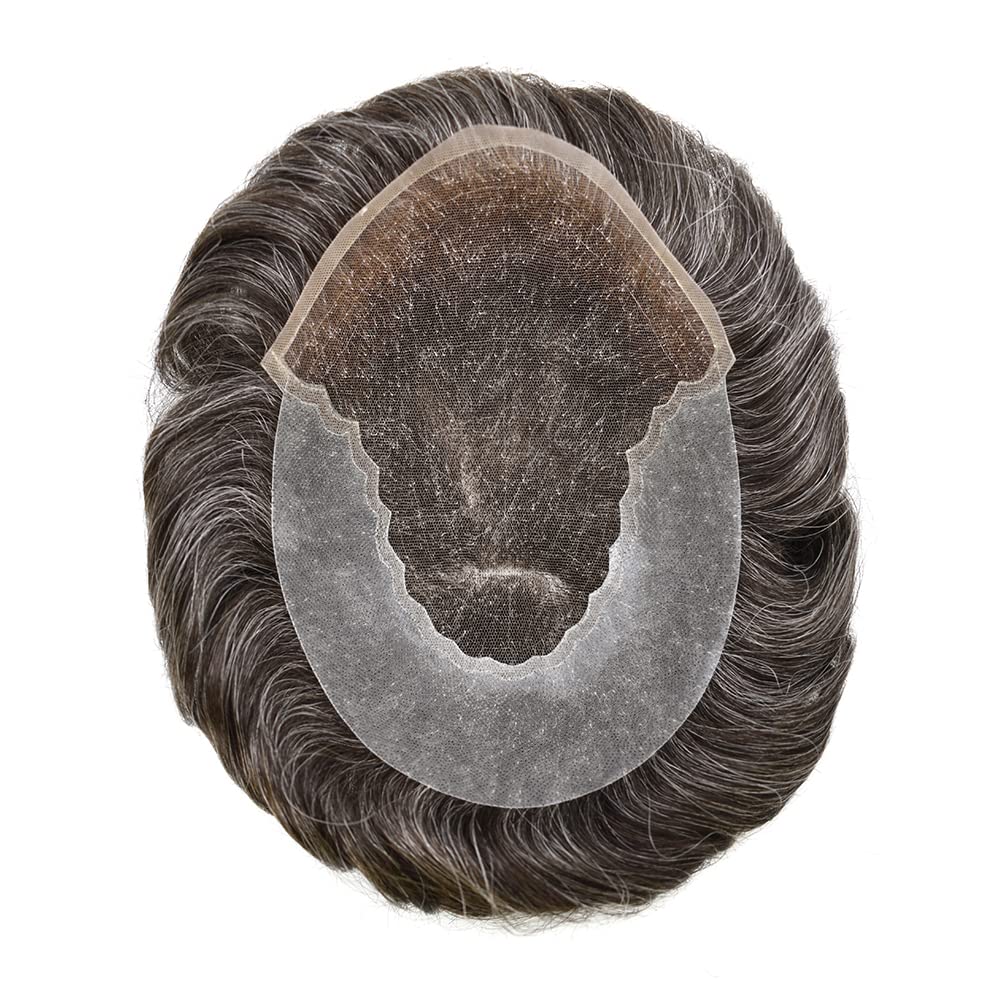 100% European Real Human Hair Swiss Lace Front Toupee for Men - Dark Brown with 40% Gray - 8x10 Inch - Bleached Knots - 100% Density - Natural Looking Hair Replacement System for Thinning Hair & Baldness - Perfect for Daily Wear, Special Occasions & Confidence Boost