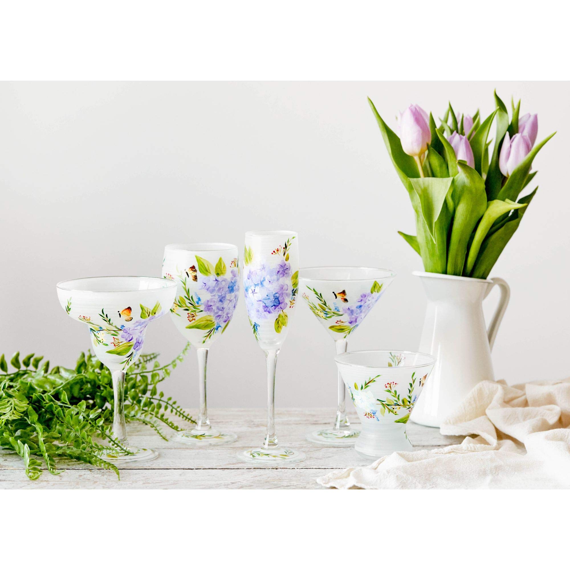 Set of 2 Hand-Painted Floral Margarita Glasses - 12oz Green & Blue Cocktail Cups for Summer Parties & Mexican Themed Decor